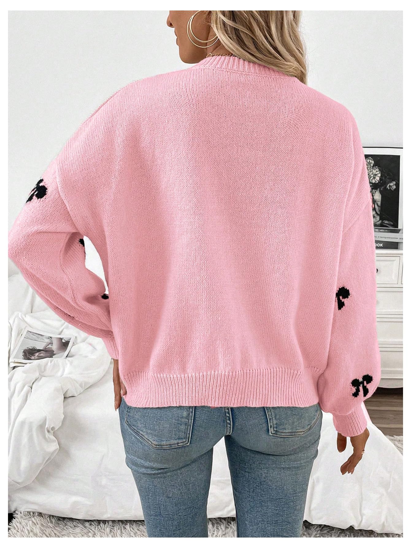 Milumia Women's Y2K Bow Print Knit Sweater Crew Neck Drop Shoulder Long Sleeve Pullover Top Pink X-Large