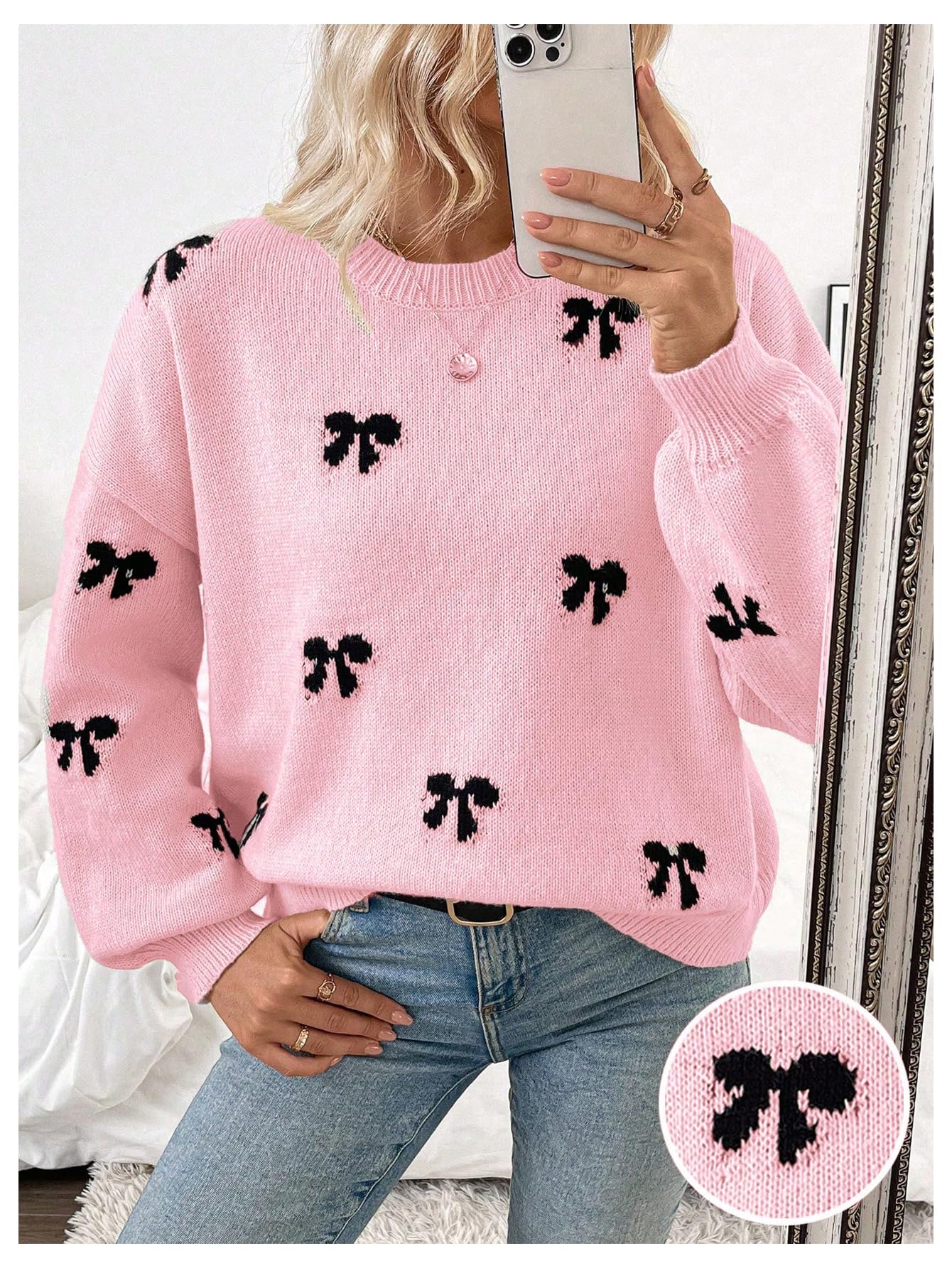 Milumia Women's Y2K Bow Print Knit Sweater Crew Neck Drop Shoulder Long Sleeve Pullover Top Pink X-Large