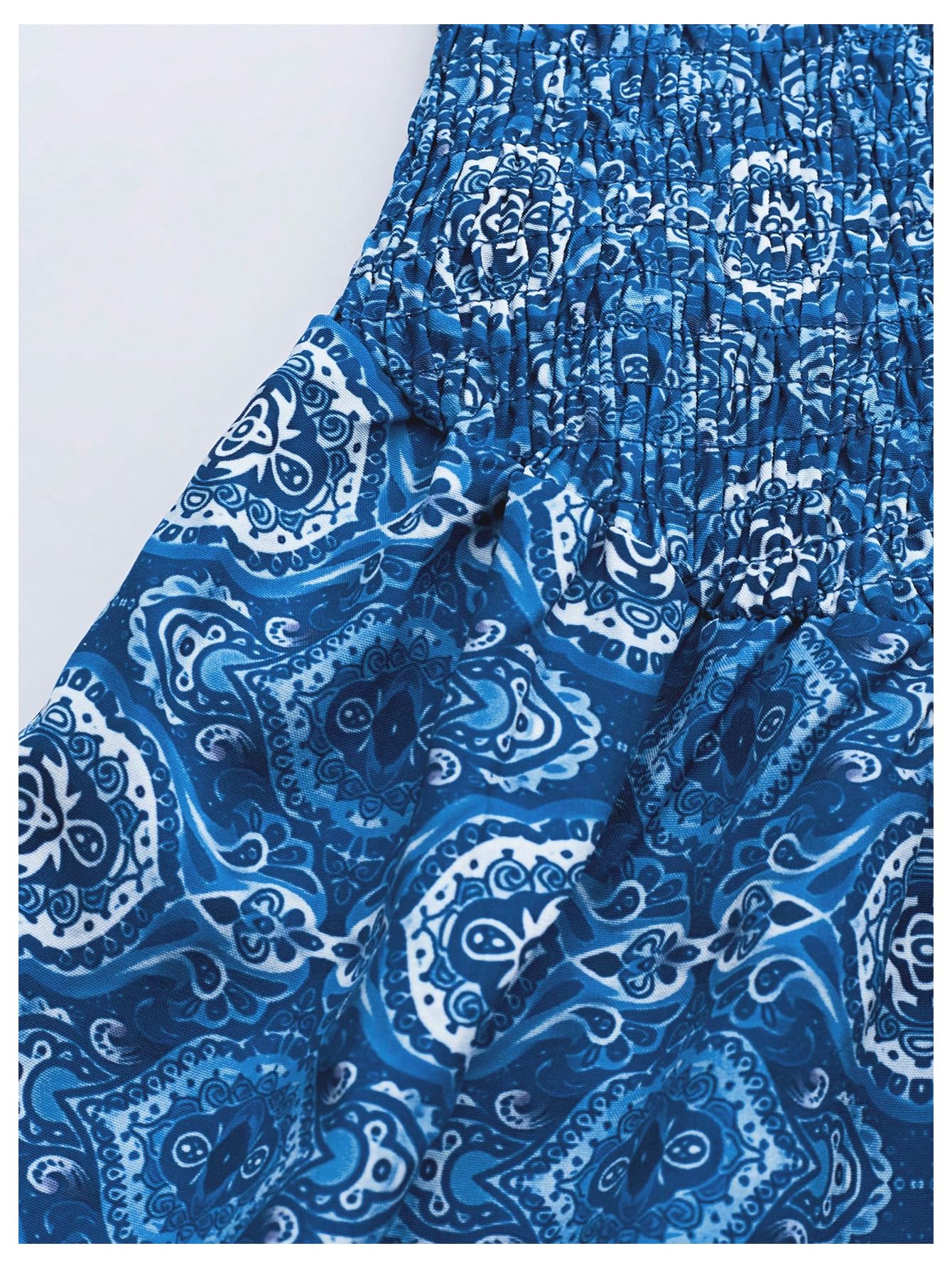 WDIRARA Women's Boho Print Strapless Mini Dress Smocked Ruffle Tiered A Line Tube Dress Blue Small