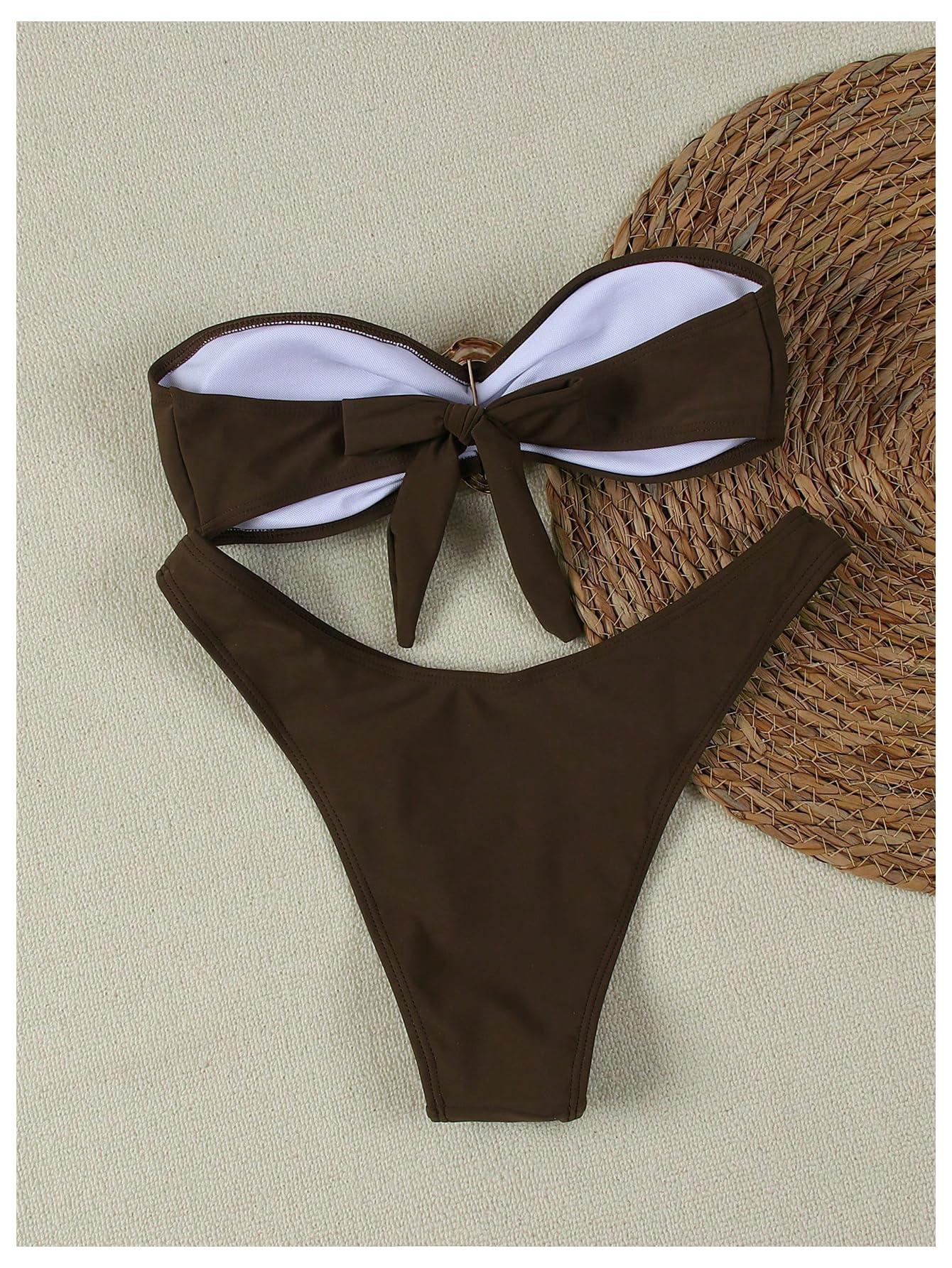 SHENHE Women's 2 Piece Strapless Swimsuits High Cut Metal Ring Tube Top Bandeau Bikini Set Brown Small