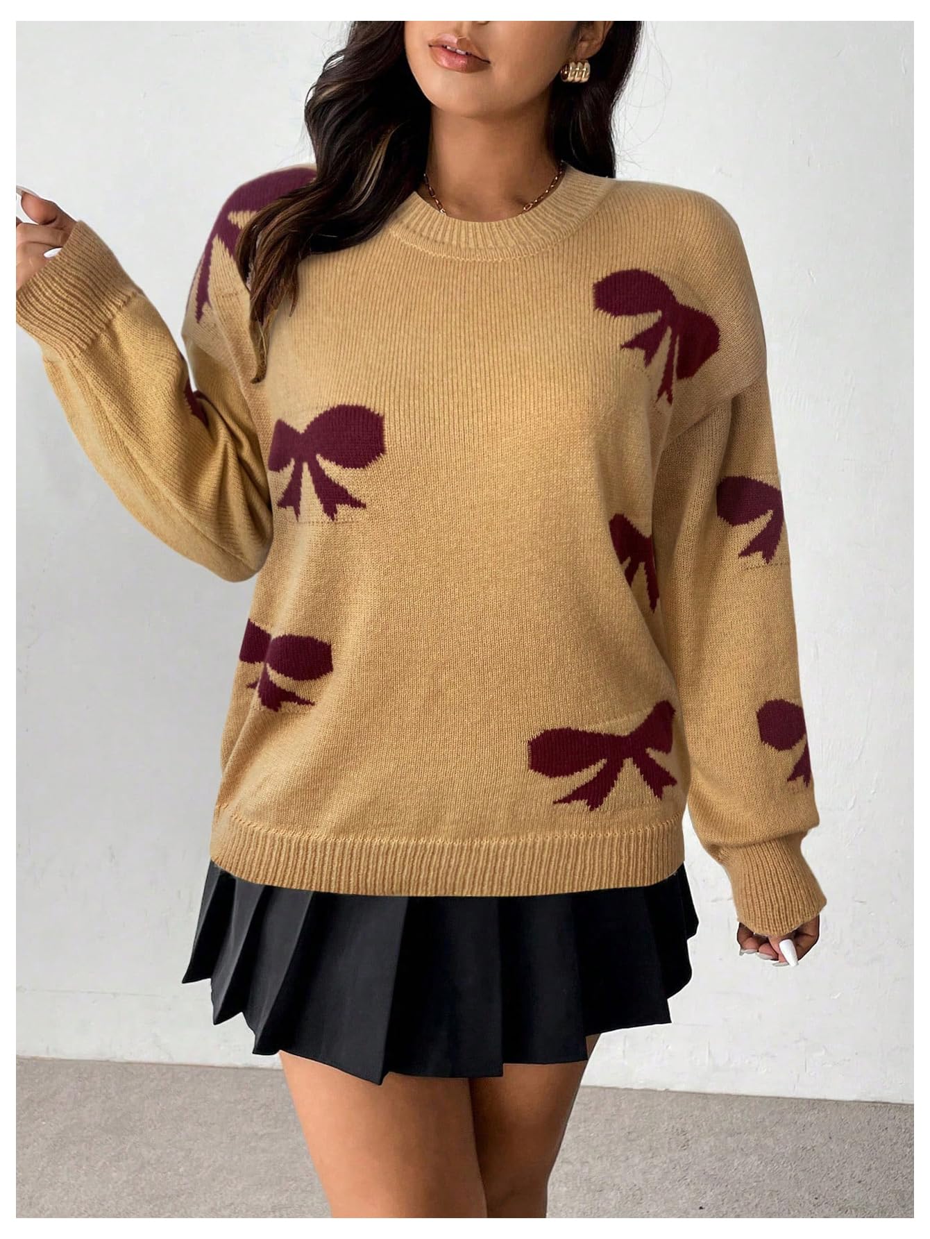 SOLY HUX Women's Plus Size Bow Sweater Y2K Ribbon Sweater with Bows for Women Trendy Knit Pullover Tops Cute Jumpers Orange Bow X-Large Plus