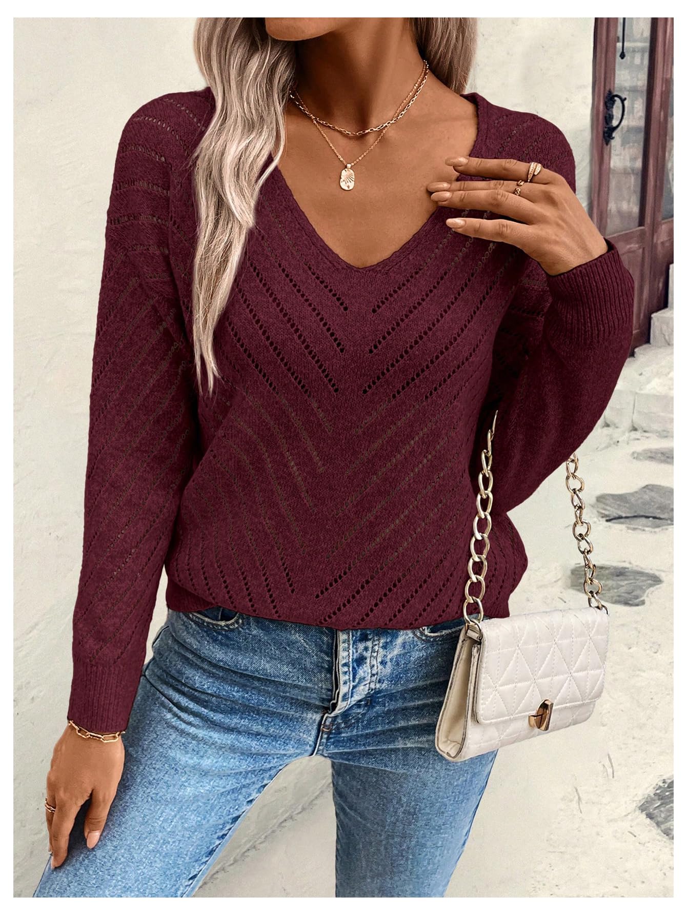 BEAUDRM Women's Hollow Out Pullover Sweaters Vintage Lightweight V Neck Long Sleeve Oversize Knit Tops Burgundy X-Large