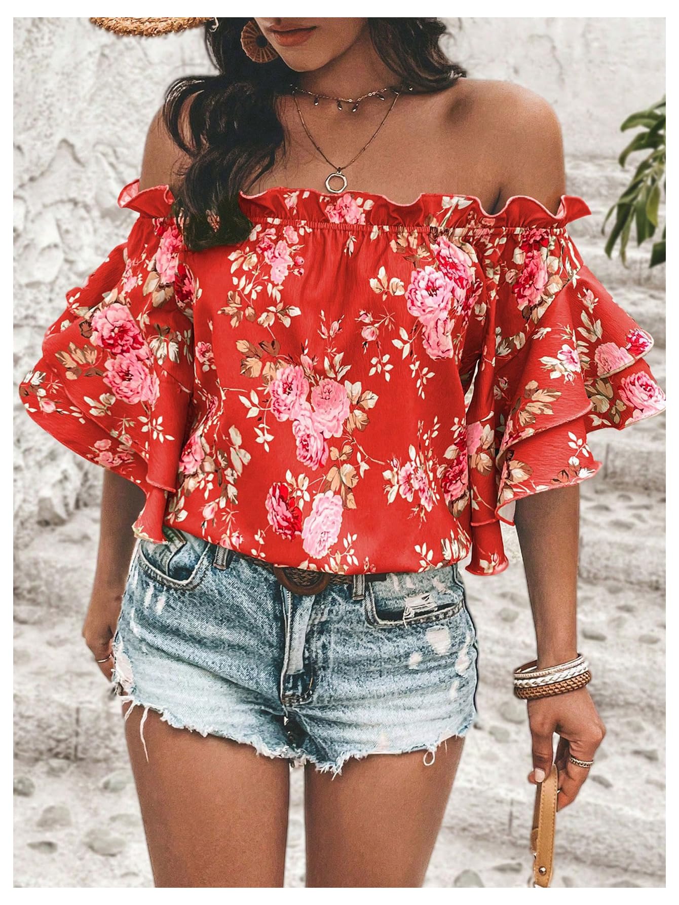 SOLY HUX Women's Floral Print Blouse Off Shoulder Ruffle Trim Half Sleeve Summer Tops Red Floral X-Large