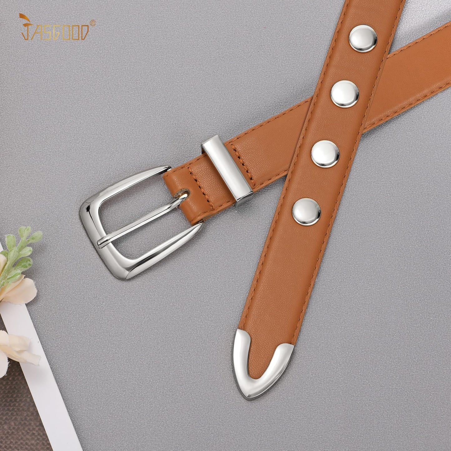 JASGOOD Women Leather Belt Fashion Studded Belt Ladies Punk Belt Silver Buckle Vintage Leather Belt for Jeans Dress