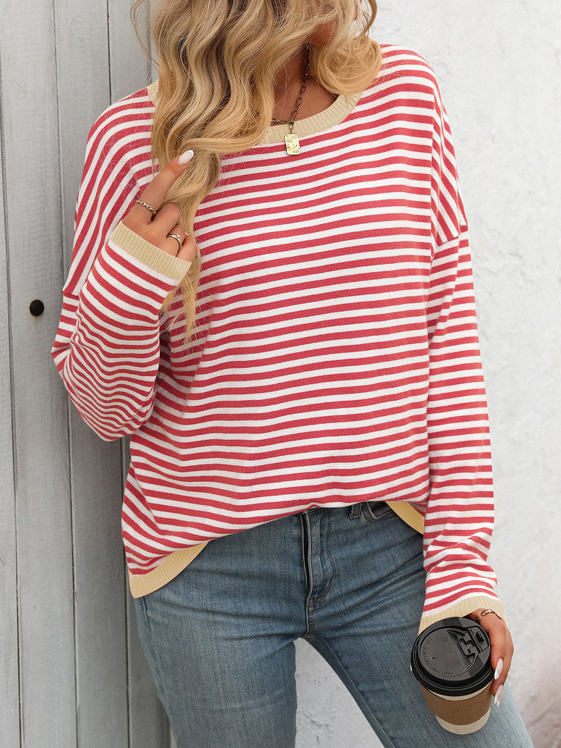 Mandy Striped Round Neck Long Sleeve Sweater