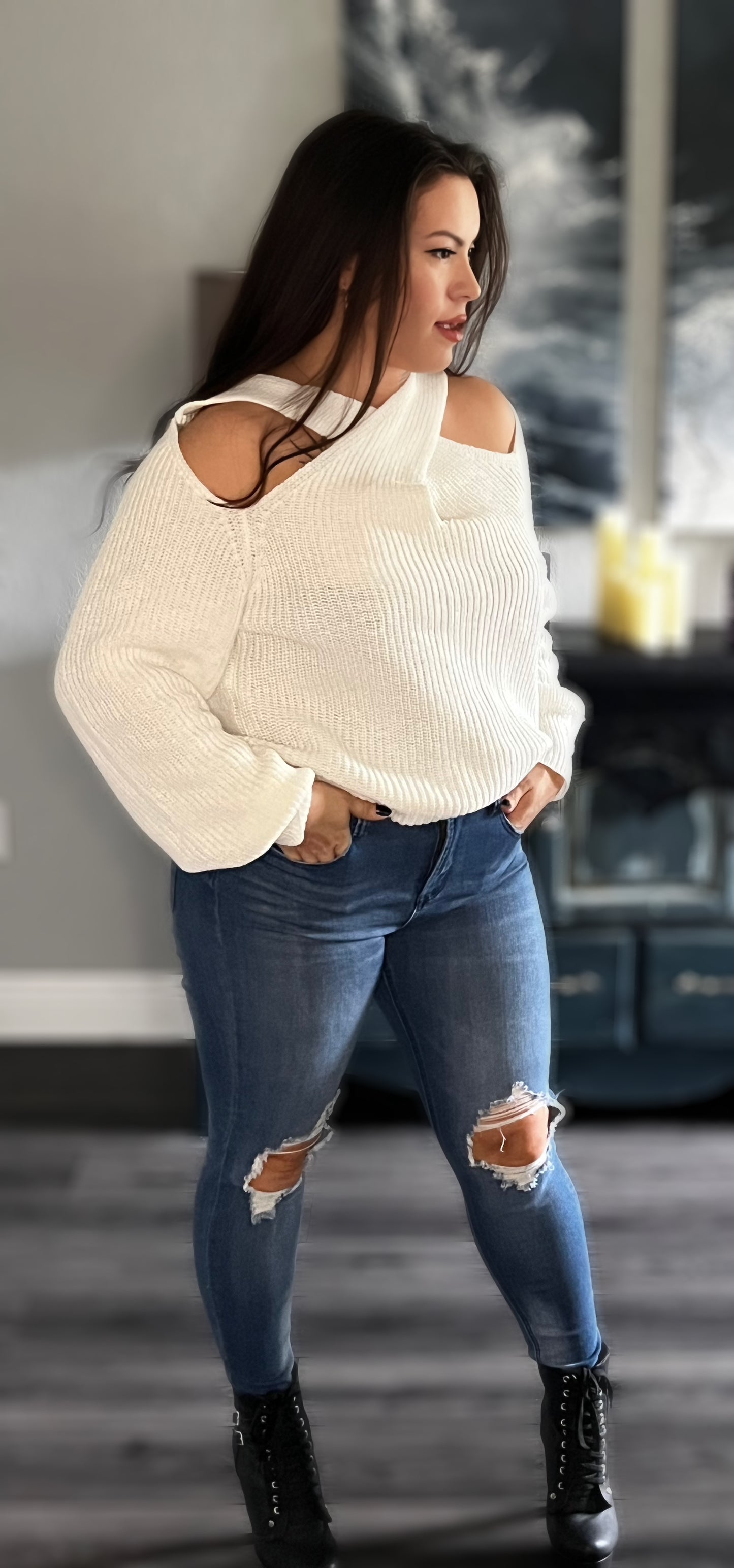 Tori Crisscross Cold-Shoulder Sweater