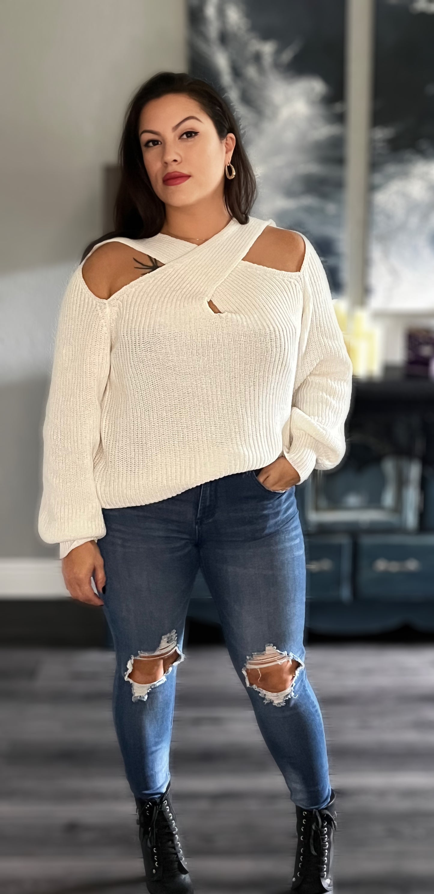 Tori Crisscross Cold-Shoulder Sweater - Bella Blue Styles