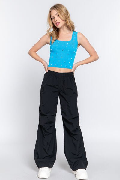 ACTIVE BASIC Pearl Detail Square Neck Cropped Tank - Bella Blue Styles