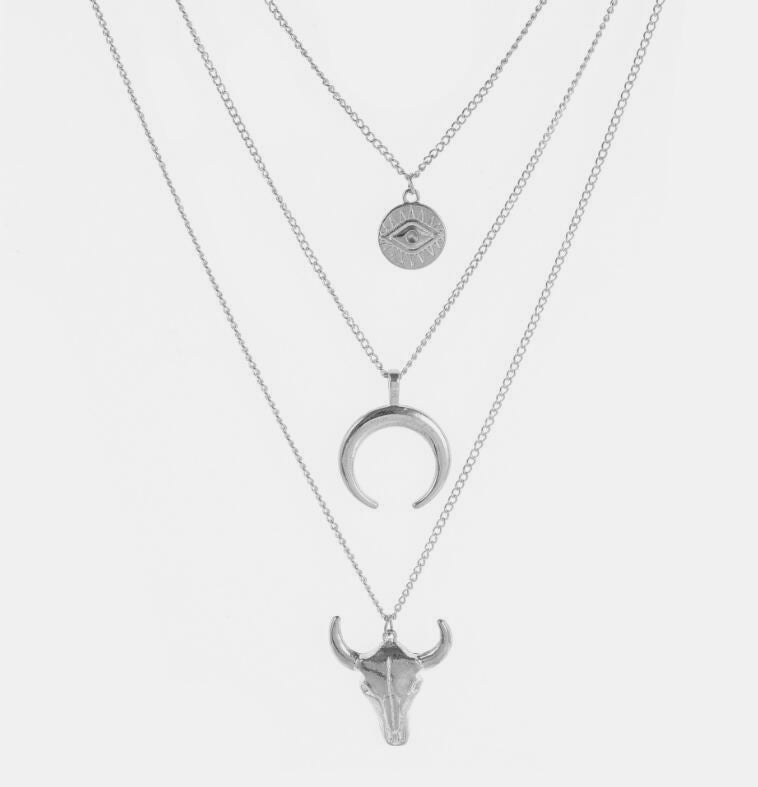 Alloy Three - Layered Bull Head Pendant Necklace - Bella Blue Styles