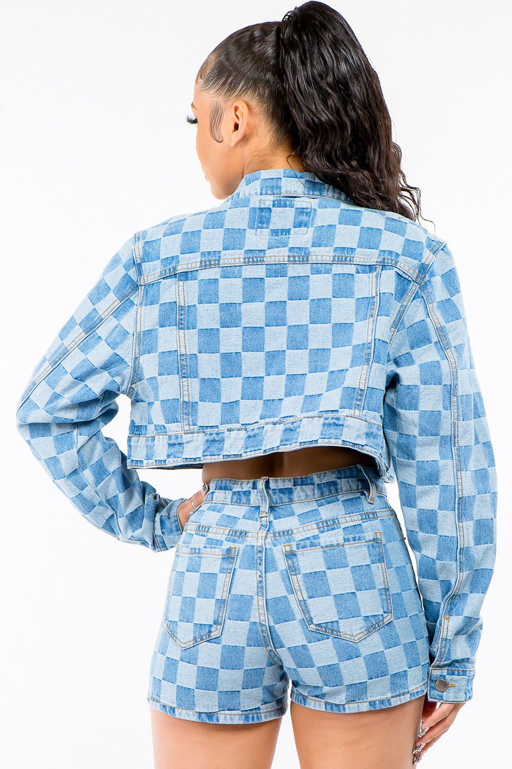 American Bazi Checkered Long Sleeve Cropped Denim Jacket - Bella Blue Styles