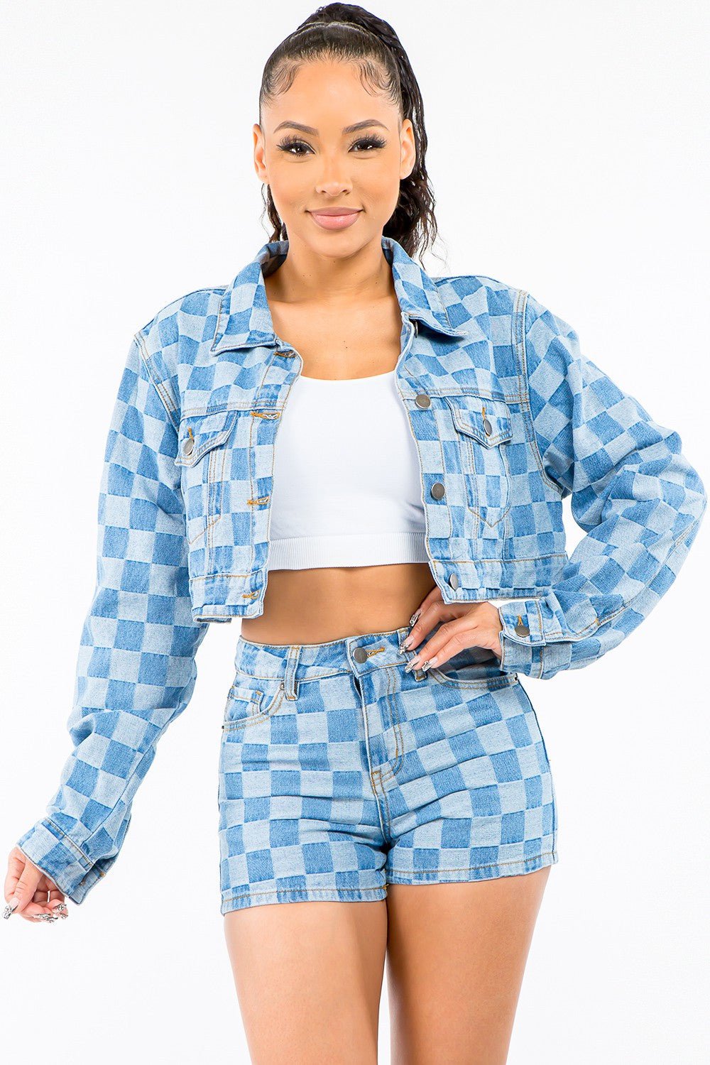 American Bazi Checkered Long Sleeve Cropped Denim Jacket - Bella Blue Styles