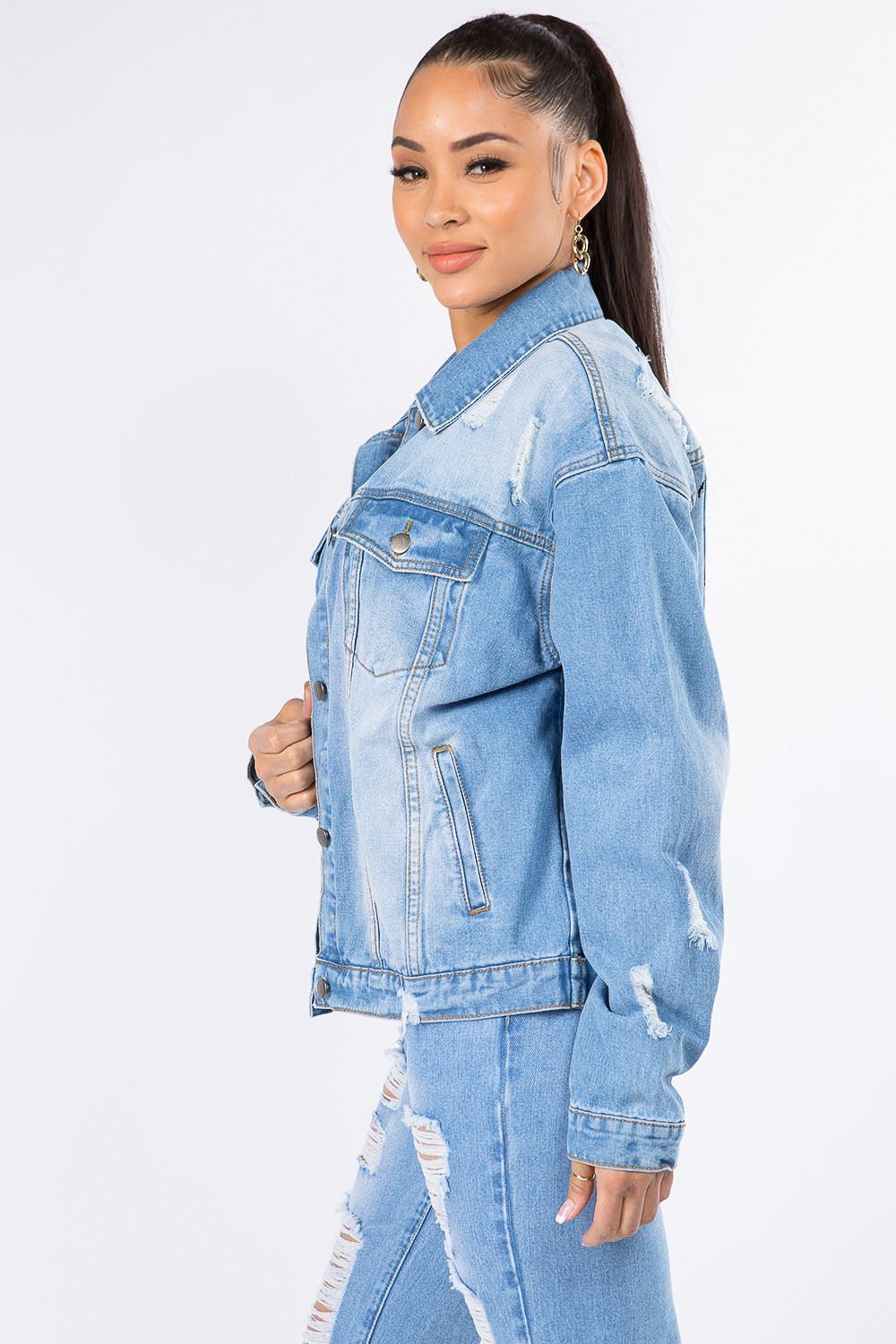 American Bazi Graphic Distressed Long Sleeve Denim Jacket - Bella Blue Styles