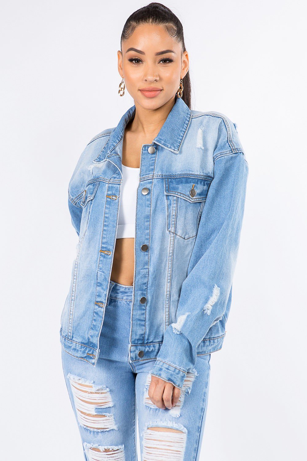 American Bazi Graphic Distressed Long Sleeve Denim Jacket - Bella Blue Styles