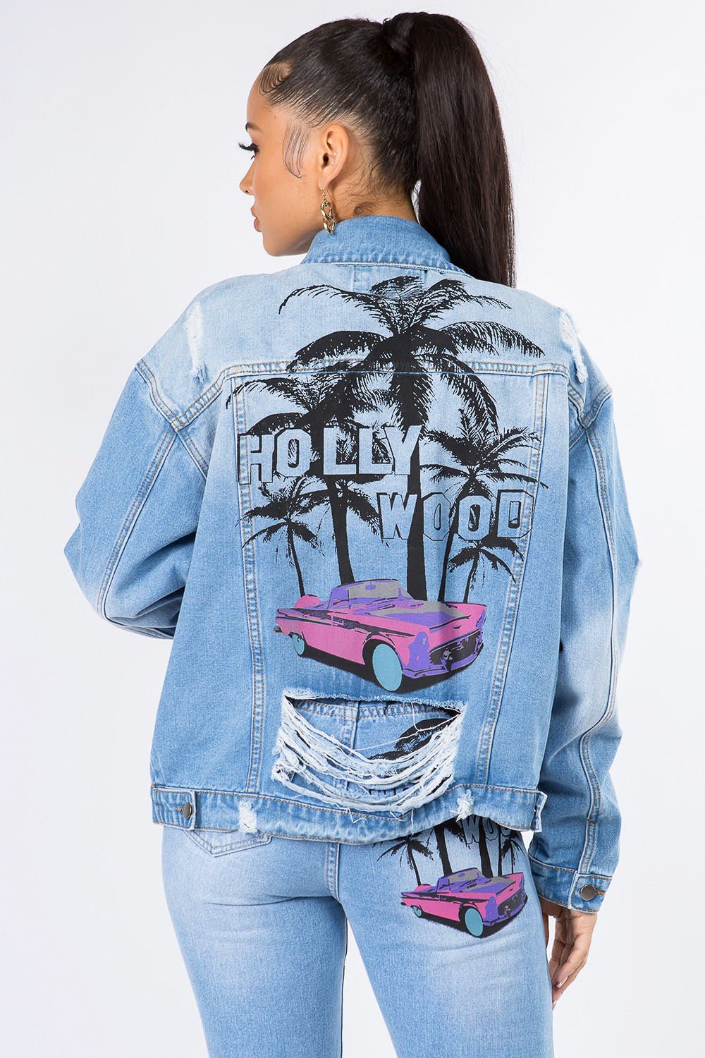 American Bazi Graphic Distressed Long Sleeve Denim Jacket - Bella Blue Styles