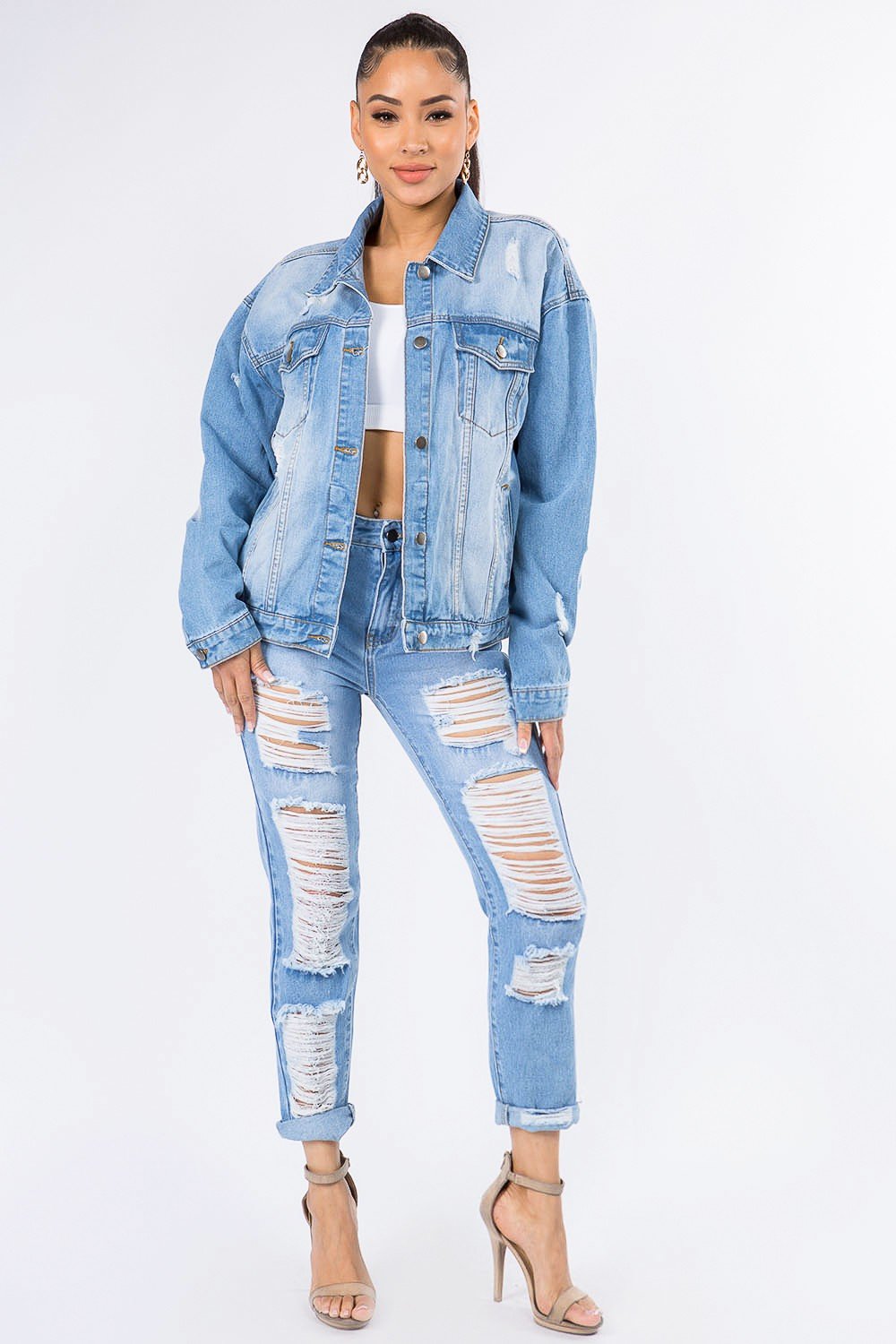 American Bazi Graphic Distressed Long Sleeve Denim Jacket - Bella Blue Styles