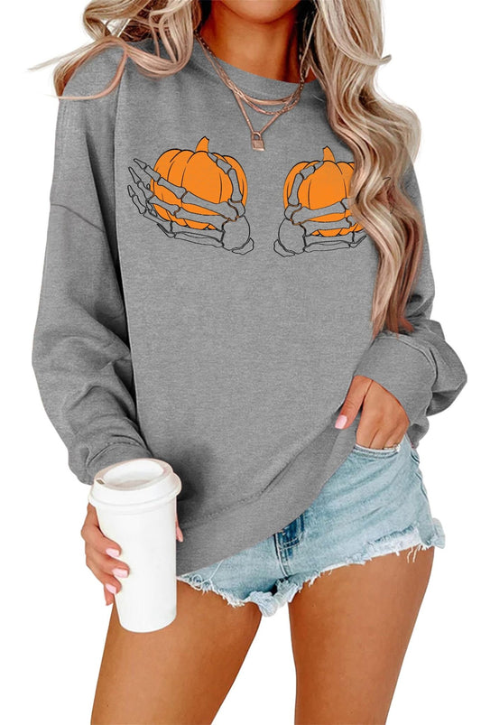 Amoretu Womens Sweatshirts Skeleton/Pumpkin Funny Graphic Casual Long Sleeve Top Novelty Horror Pullover Shirts - Bella Blue Styles