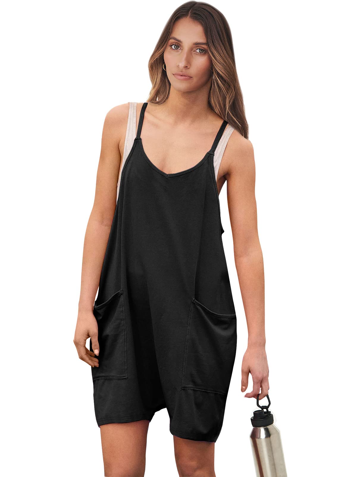 ANRABESS Women's Summer Casual Sleeveless Romper Loose Spaghetti Strap Shorts Overalls Jumpsuit with Pockets 2024 Clothes Black Medium - Bella Blue Styles