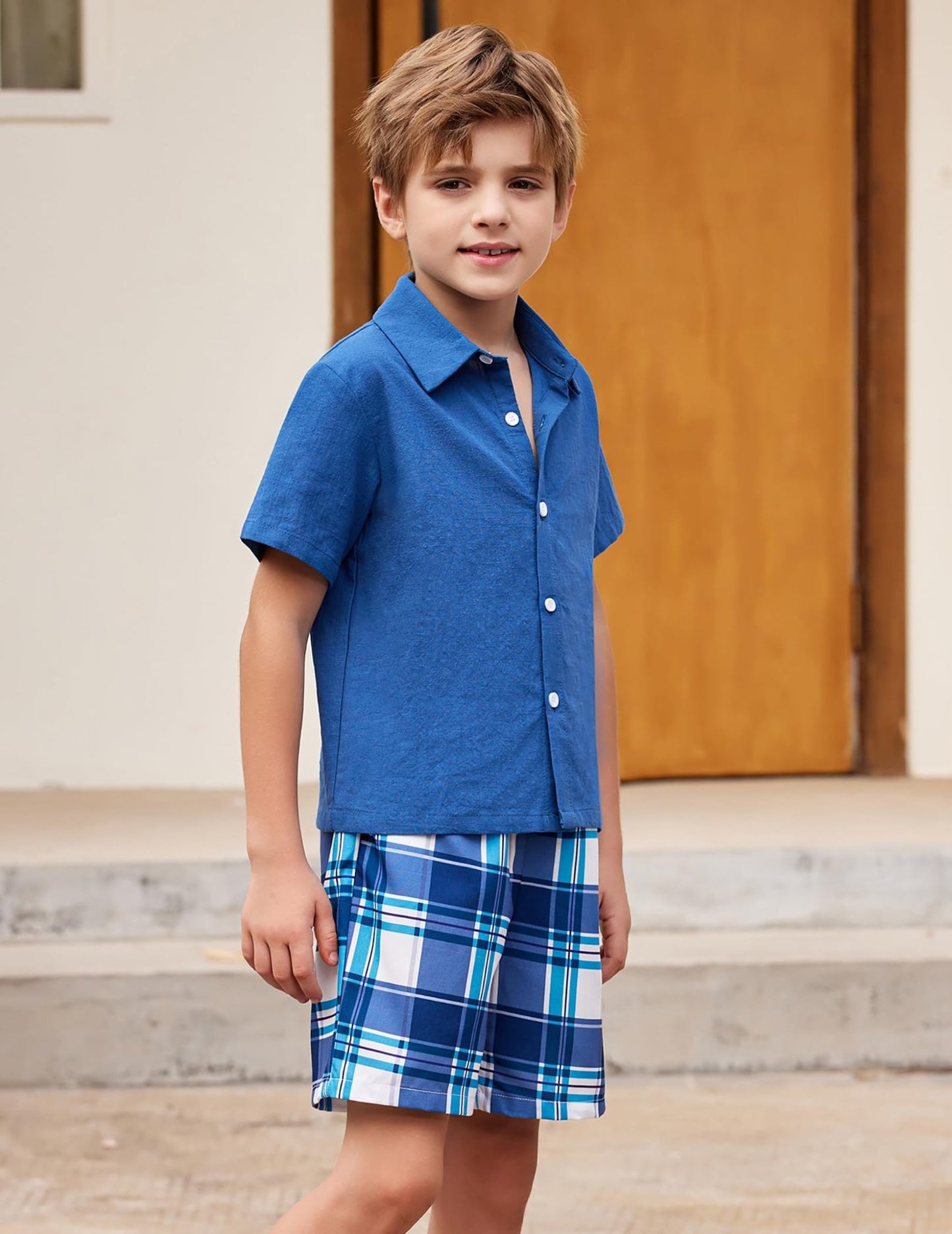 Arshiner Boys Navy Button Down Shirts and Plaid Short Sets with Bucket Hat Summer Outfits Cotton Linen Kids Beach Set - Bella Blue Styles