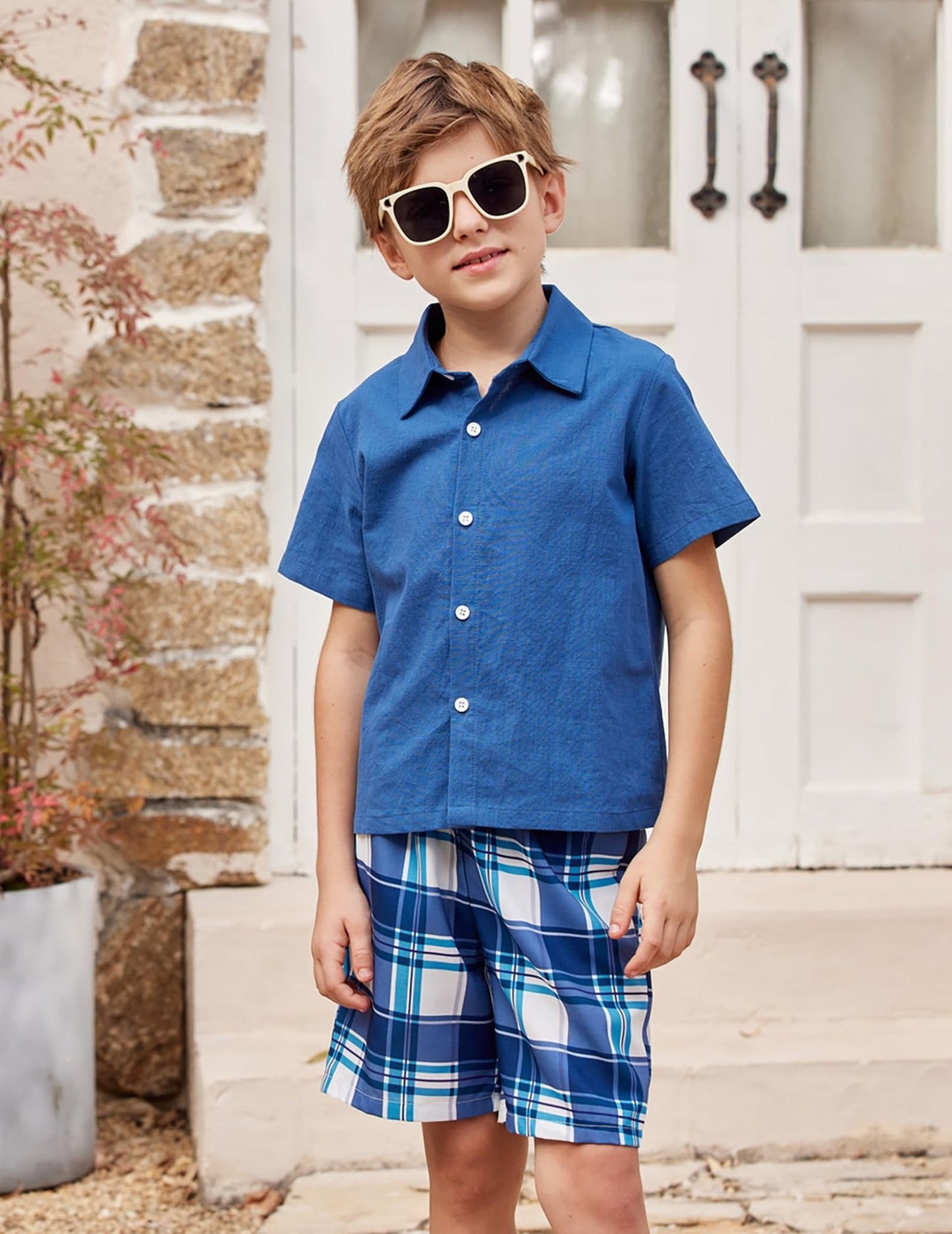 Arshiner Boys Navy Button Down Shirts and Plaid Short Sets with Bucket Hat Summer Outfits Cotton Linen Kids Beach Set - Bella Blue Styles