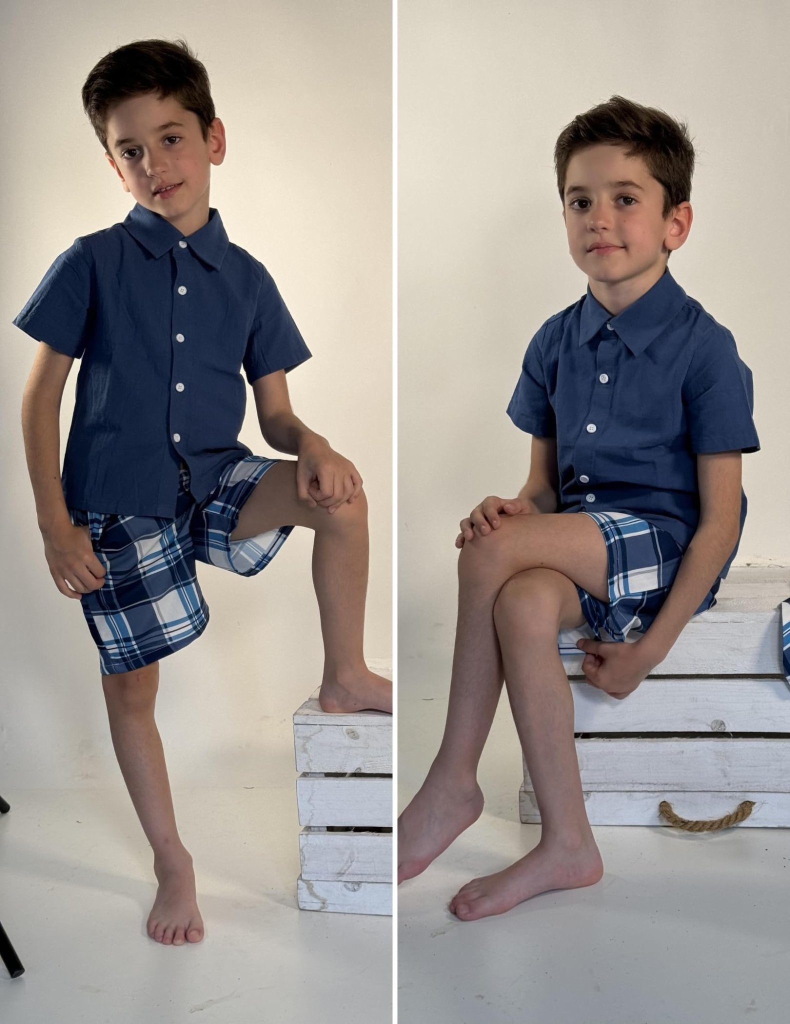 Arshiner Boys Navy Button Down Shirts and Plaid Short Sets with Bucket Hat Summer Outfits Cotton Linen Kids Beach Set - Bella Blue Styles