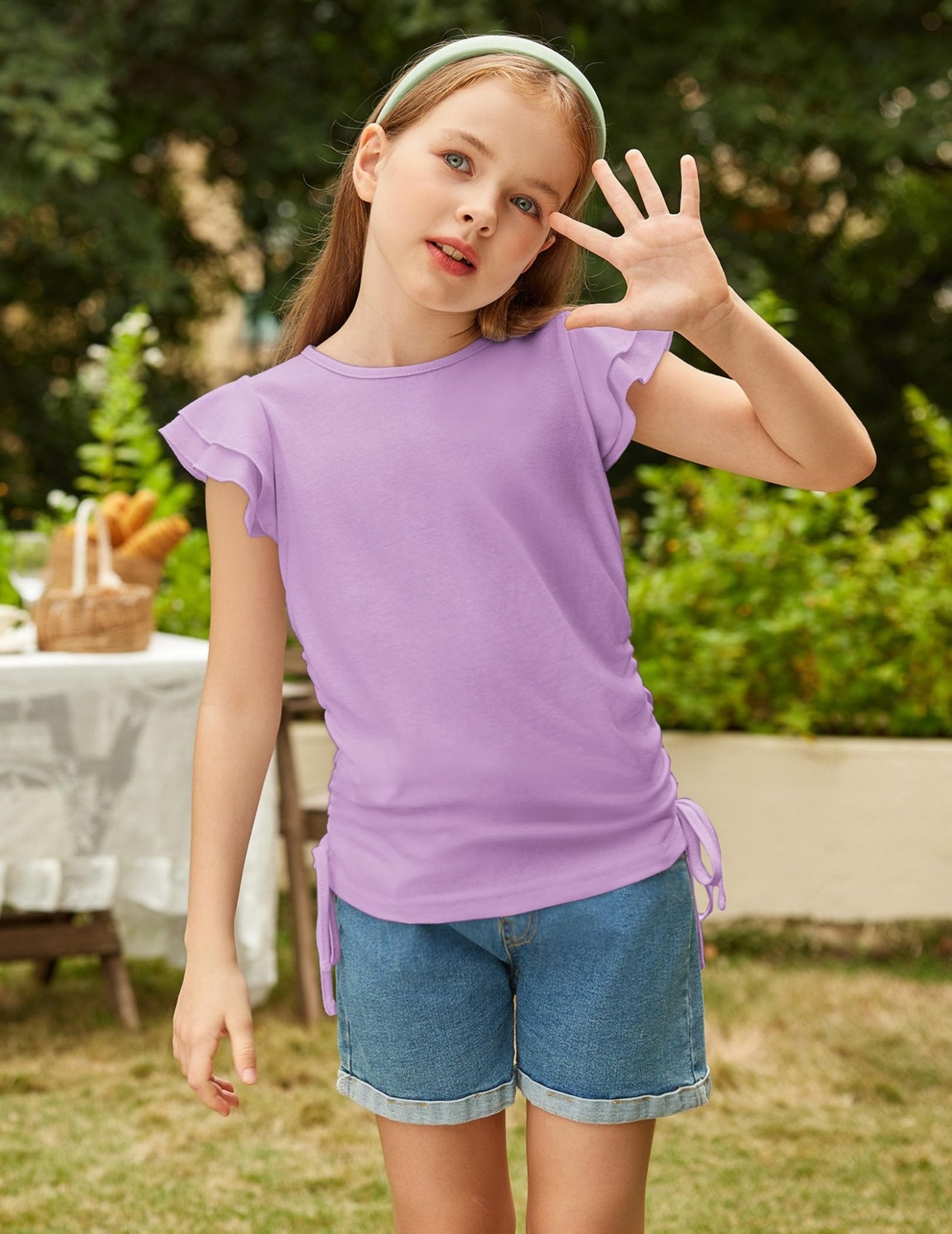 Arshiner Girls Ruffle Shirts Short Sleeves Summer Crewneck Cute Girls Blouse Ruched Knot Side Summer T Shirt Blouse Purple 10 - 11 Years - Bella Blue Styles