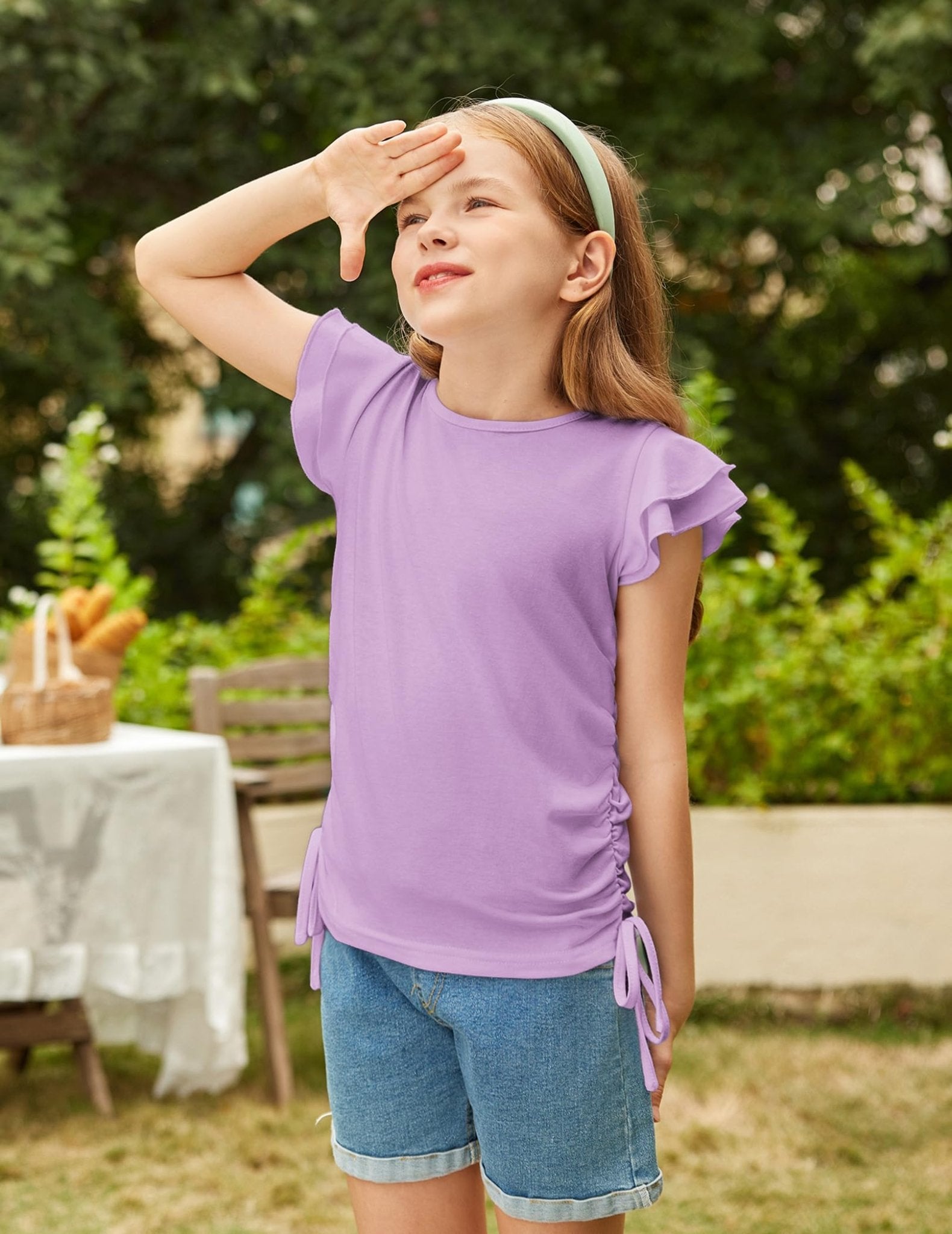 Arshiner Girls Ruffle Shirts Short Sleeves Summer Crewneck Cute Girls Blouse Ruched Knot Side Summer T Shirt Blouse Purple 10 - 11 Years - Bella Blue Styles