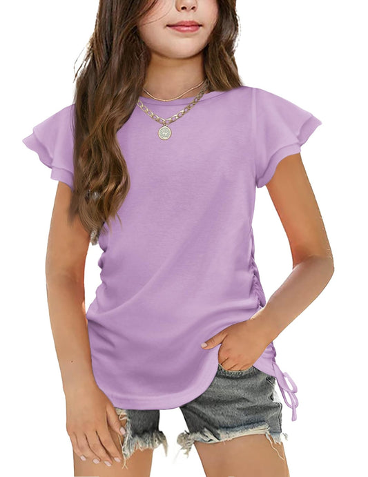 Arshiner Girls Ruffle Shirts Short Sleeves Summer Crewneck Cute Girls Blouse Ruched Knot Side Summer T Shirt Blouse Purple 10 - 11 Years - Bella Blue Styles