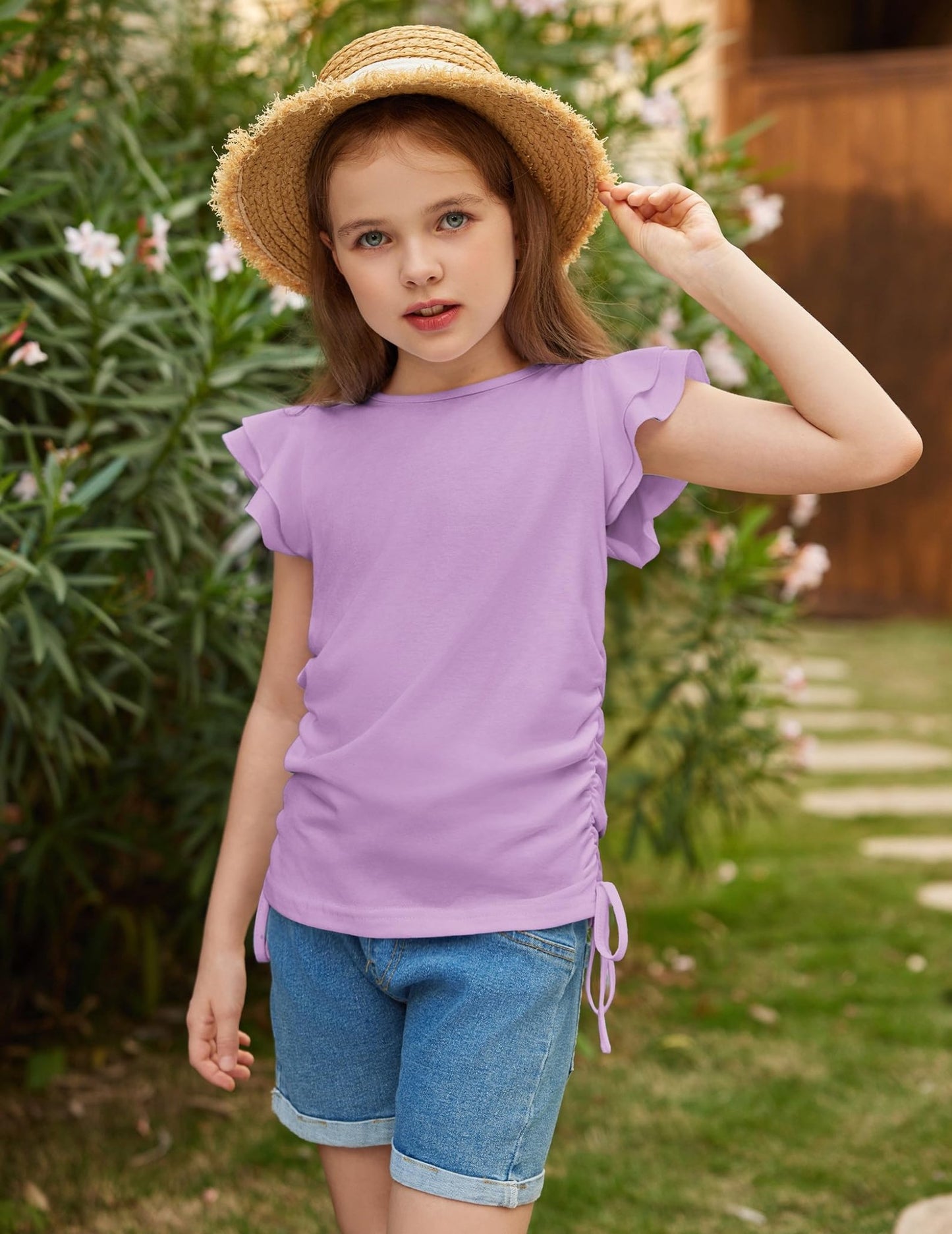 Arshiner Girls Ruffle Shirts Short Sleeves Summer Crewneck Cute Girls Blouse Ruched Knot Side Summer T Shirt Blouse Purple 10 - 11 Years - Bella Blue Styles