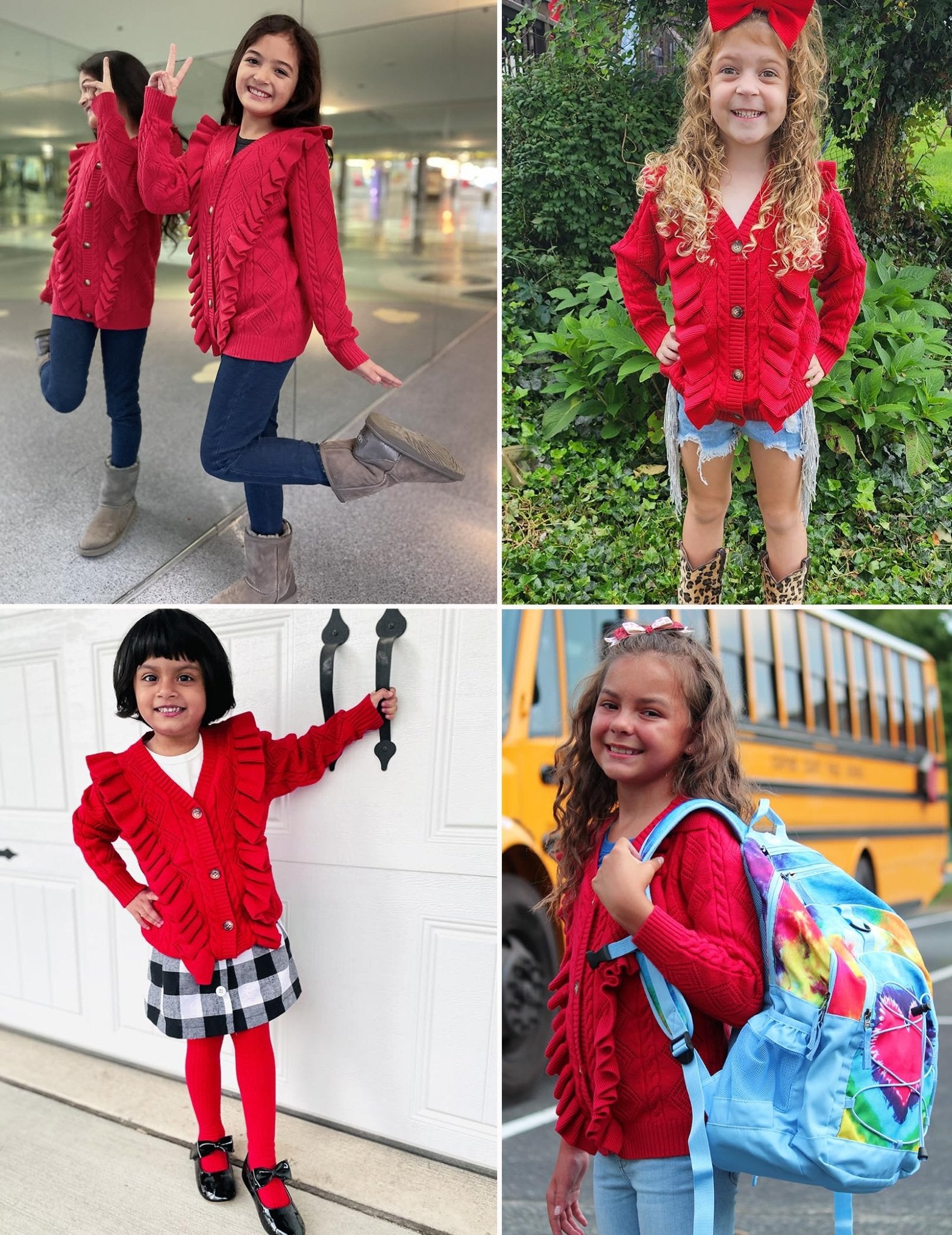 Arshiner Girls School Uniform Cardigan Sweater V Neck Ruffle Trim Cable Knit Fashion Cute Sweater Outwear Button Down Pointelle Knitted Tops Clothes Wine Red for 12 - 13 Years - Bella Blue Styles