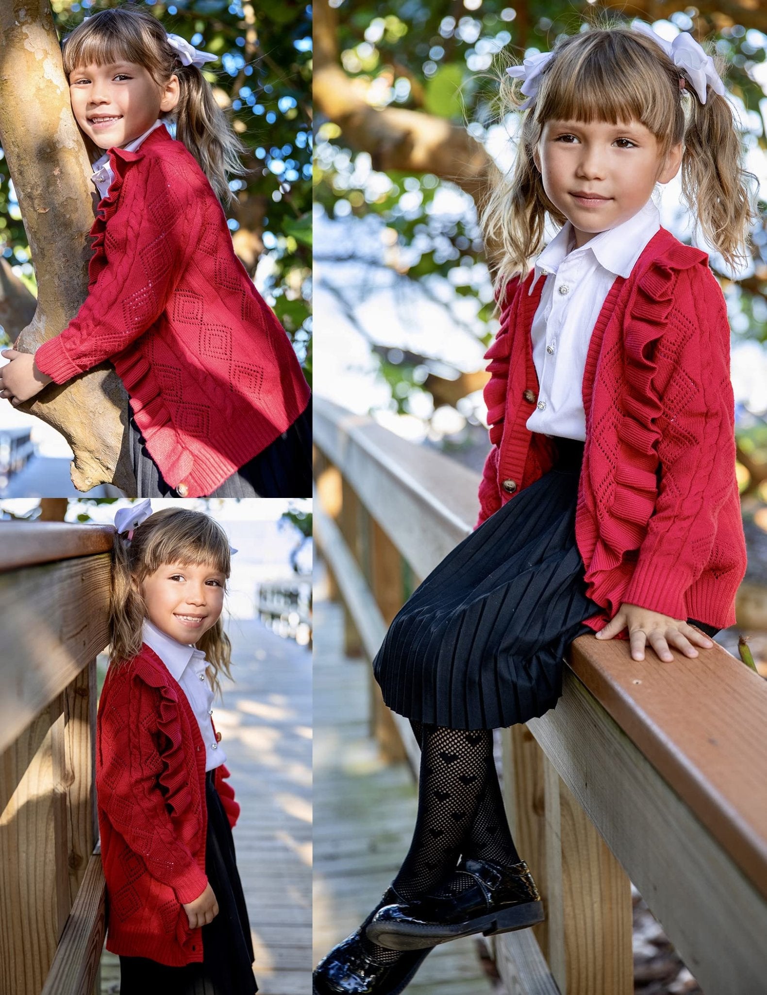 Arshiner Girls School Uniform Cardigan Sweater V Neck Ruffle Trim Cable Knit Fashion Cute Sweater Outwear Button Down Pointelle Knitted Tops Clothes Wine Red for 12 - 13 Years - Bella Blue Styles