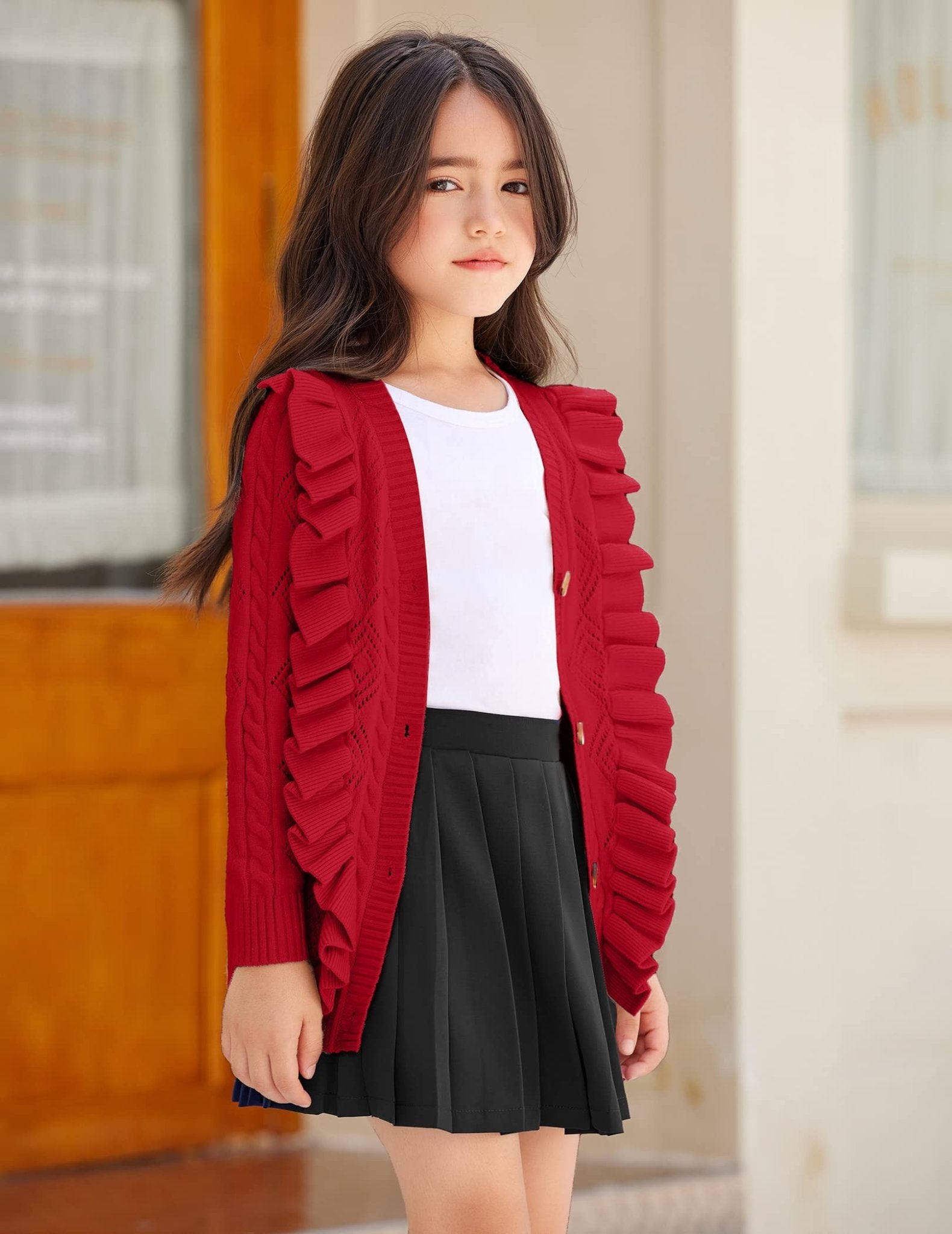 Arshiner Girls School Uniform Cardigan Sweater V Neck Ruffle Trim Cable Knit Fashion Cute Sweater Outwear Button Down Pointelle Knitted Tops Clothes Wine Red for 12 - 13 Years - Bella Blue Styles