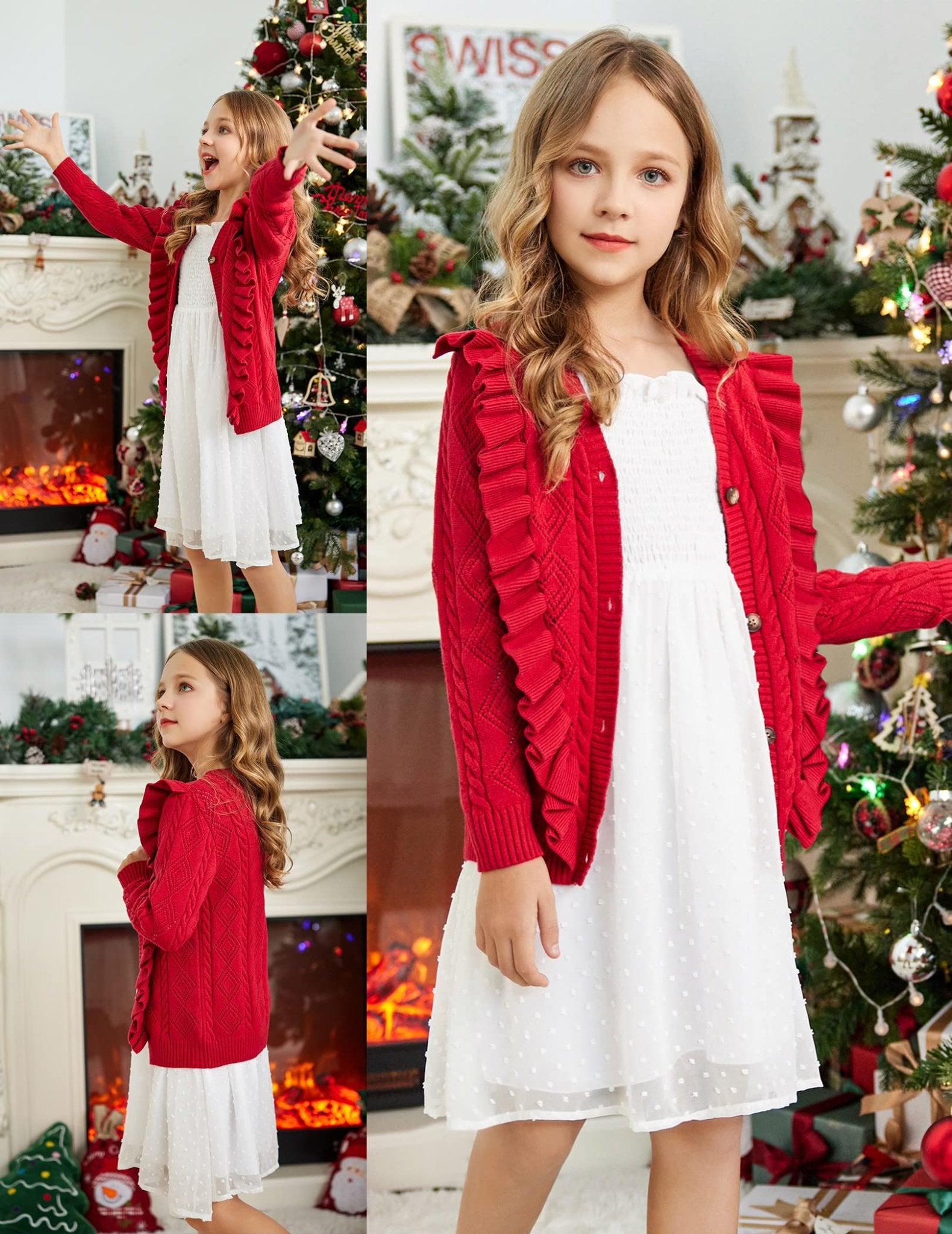 Arshiner Girls School Uniform Cardigan Sweater V Neck Ruffle Trim Cable Knit Fashion Cute Sweater Outwear Button Down Pointelle Knitted Tops Clothes Wine Red for 12 - 13 Years - Bella Blue Styles