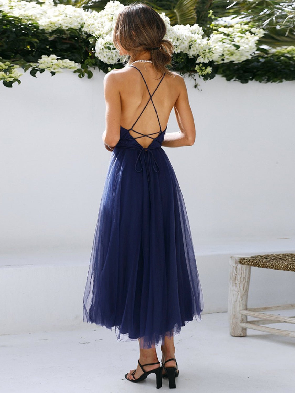 Backless Crisscross Sleeveless Midi Dress - Bella Blue Styles