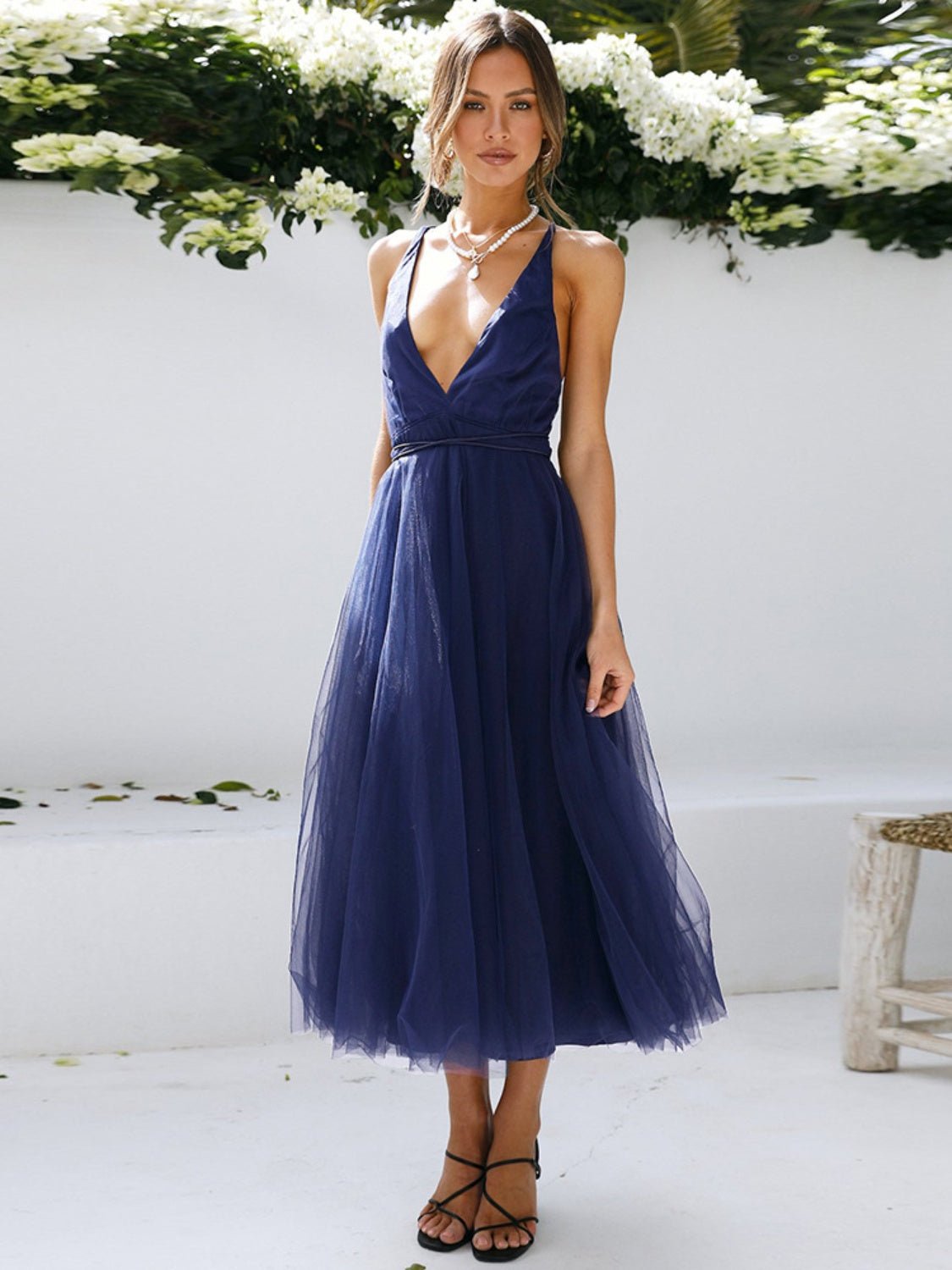 Backless Crisscross Sleeveless Midi Dress - Bella Blue Styles