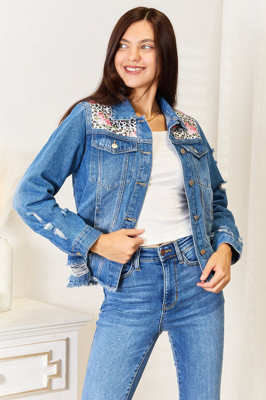 Baeful Leopard Floral Distressed Raw Hem Denim Jacket - Bella Blue Styles