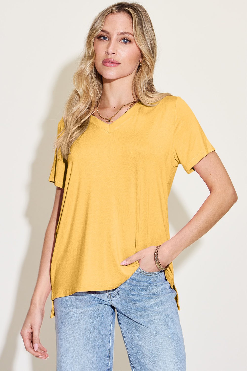 Basic Bae Bamboo V-Neck High-Low T-Shirt - Bella Blue Styles