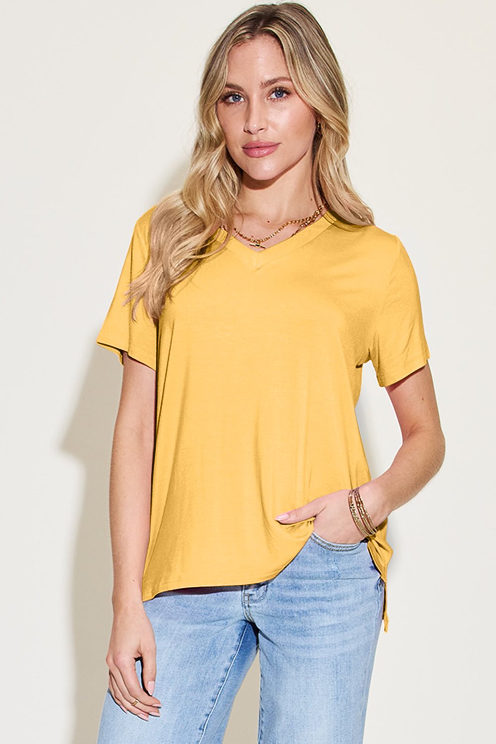 Basic Bae Bamboo V-Neck High-Low T-Shirt - Bella Blue Styles