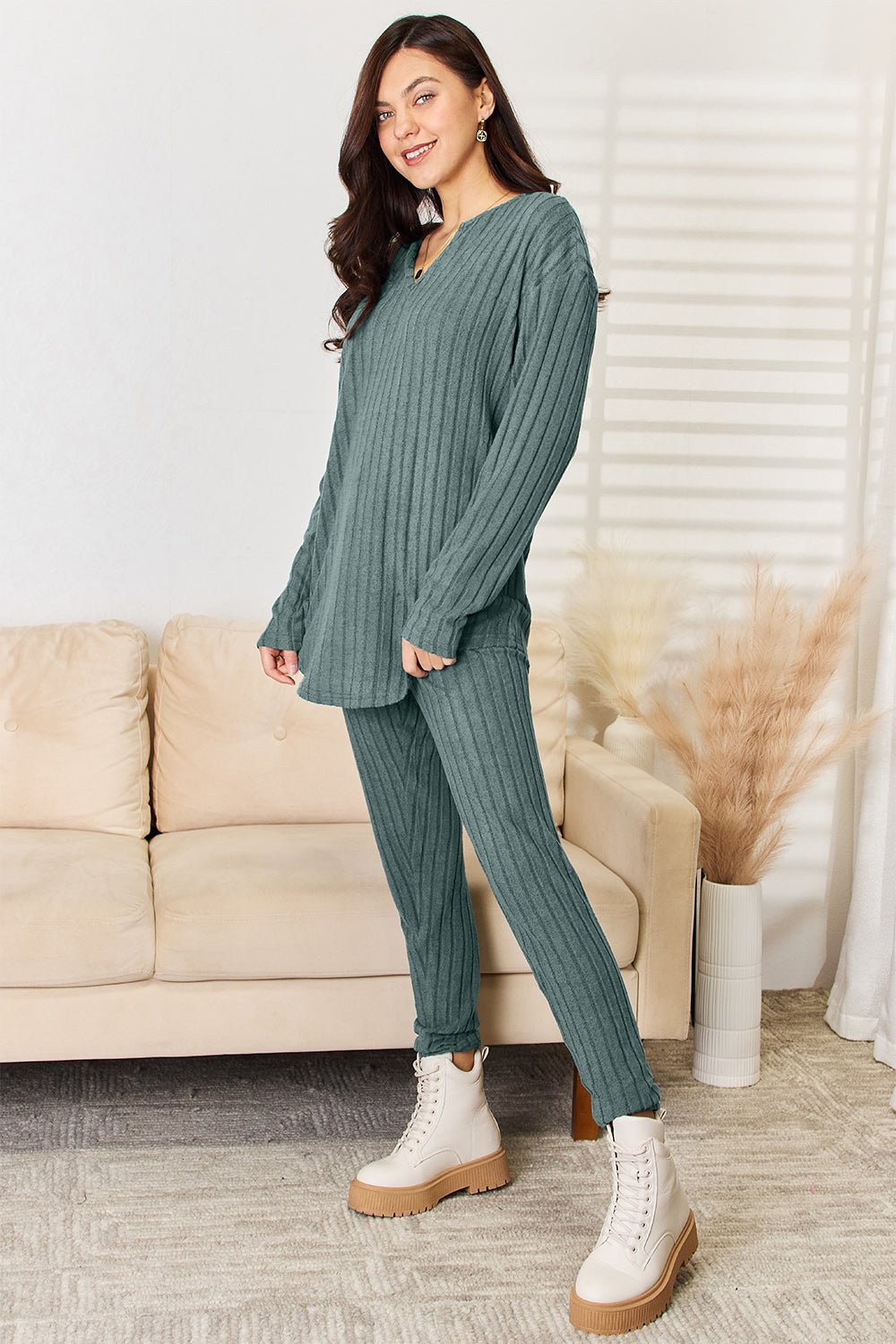 Basic Bae Full Size Notched Long Sleeve Top and Pants Set - Bella Blue Styles