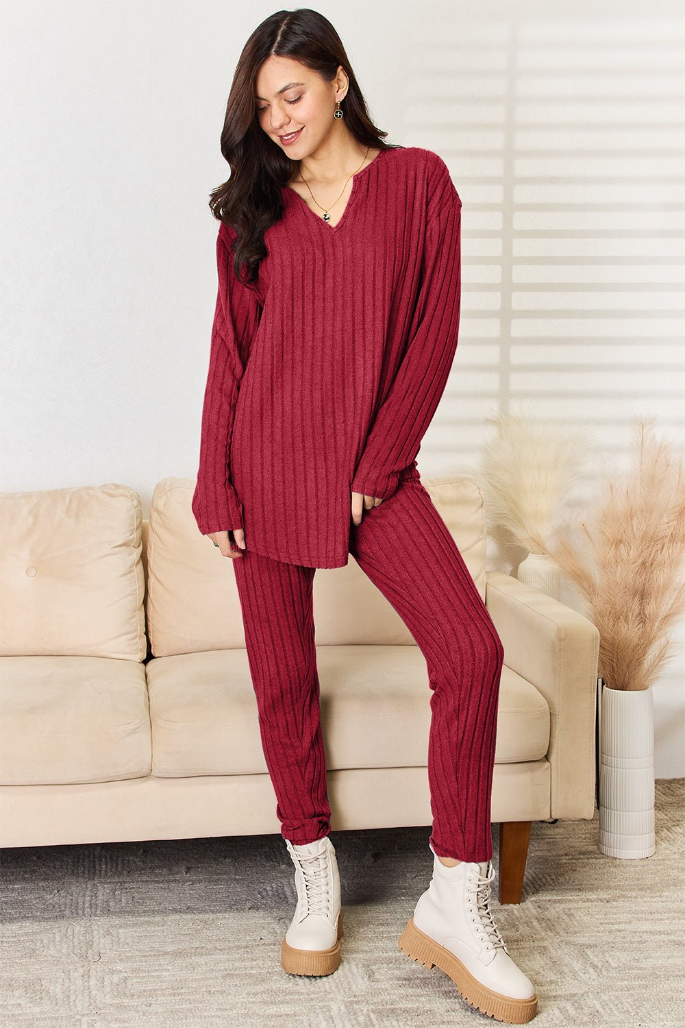 Basic Bae Full Size Notched Long Sleeve Top and Pants Set - Bella Blue Styles