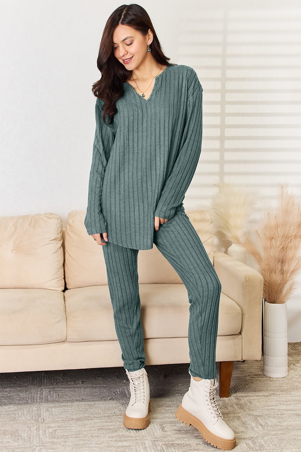 Basic Bae Full Size Notched Long Sleeve Top and Pants Set - Bella Blue Styles