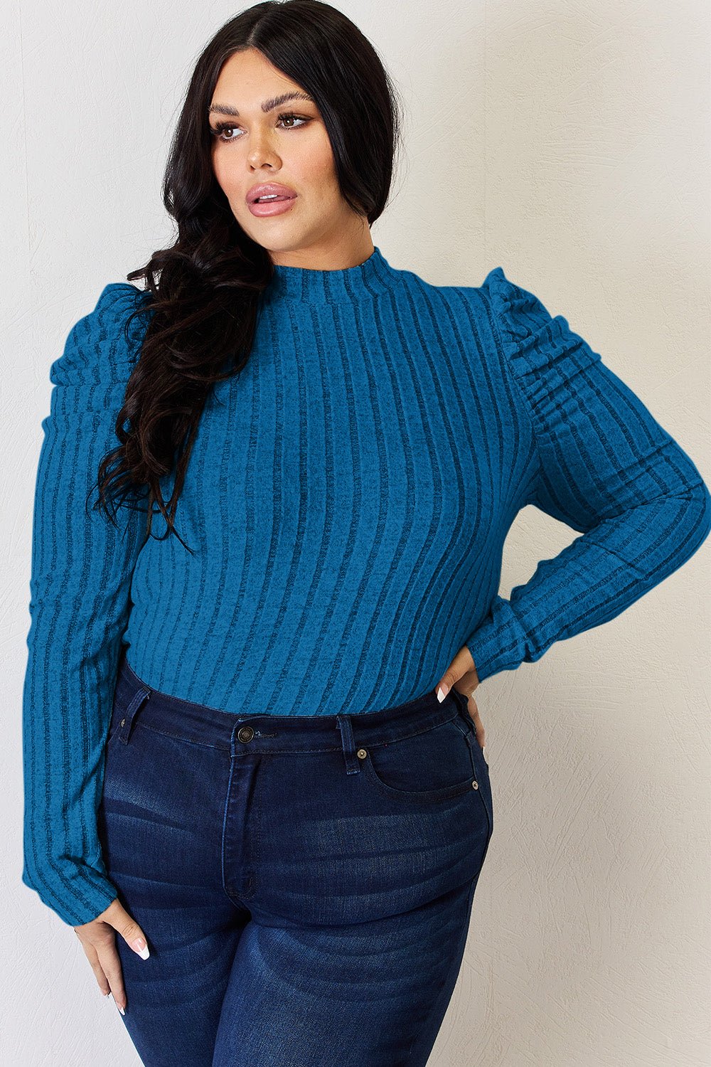 Basic Bae Full Size Ribbed Mock Neck Puff Sleeve T-Shirt - Bella Blue Styles