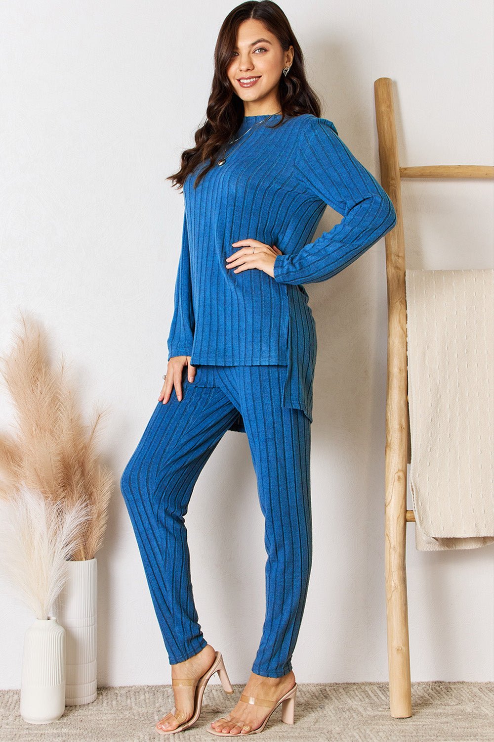 Basic Bae Full Size Ribbed Round Neck High-Low Slit Top and Pants Set - Bella Blue Styles