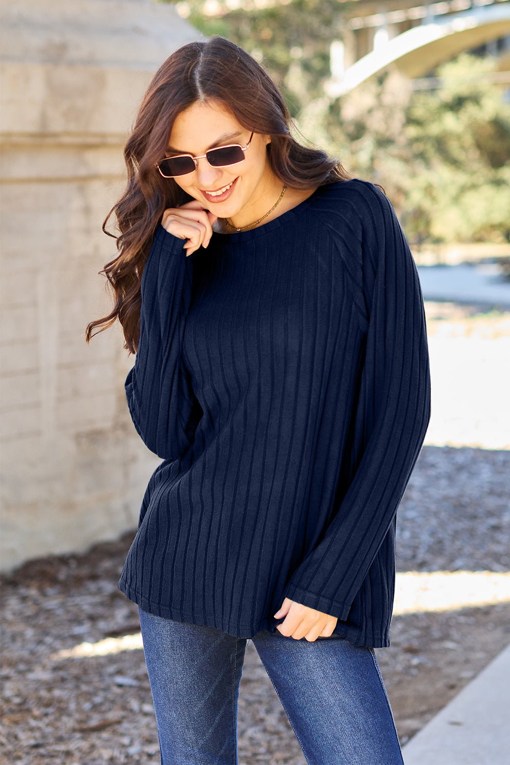 Basic Bae Full Size Ribbed Round Neck Long Sleeve Knit Top - Bella Blue Styles