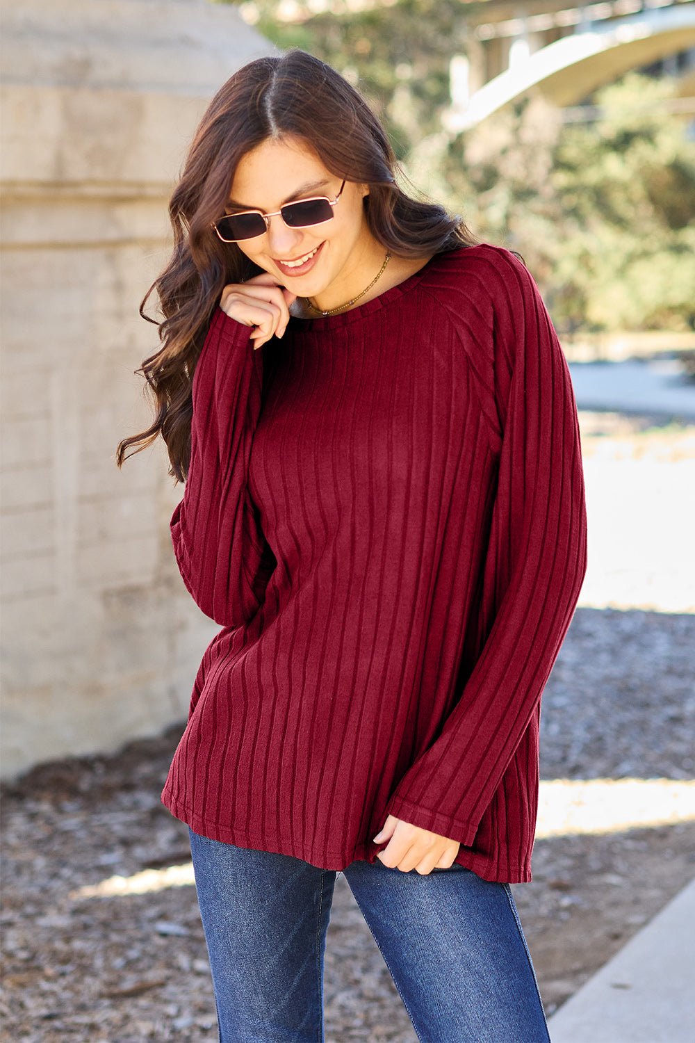 Basic Bae Full Size Ribbed Round Neck Long Sleeve Knit Top - Bella Blue Styles