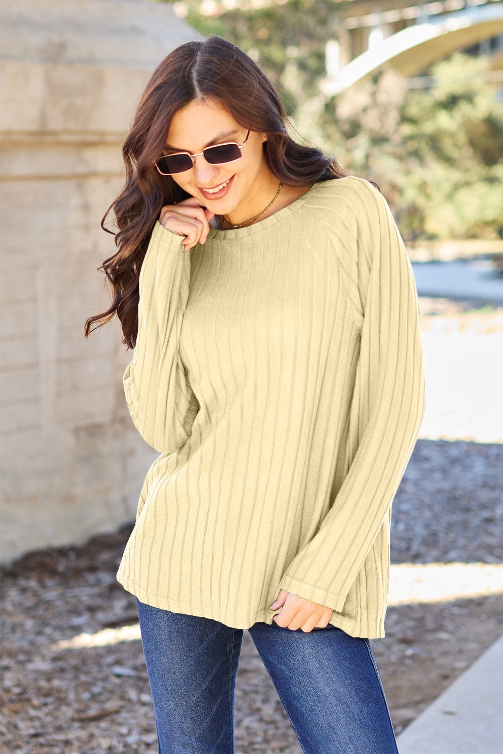 Basic Bae Full Size Ribbed Round Neck Long Sleeve Knit Top - Bella Blue Styles