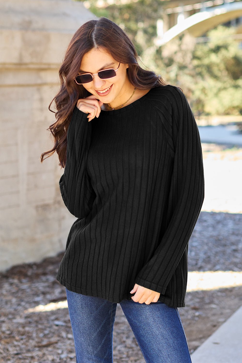 Basic Bae Full Size Ribbed Round Neck Long Sleeve Knit Top - Bella Blue Styles