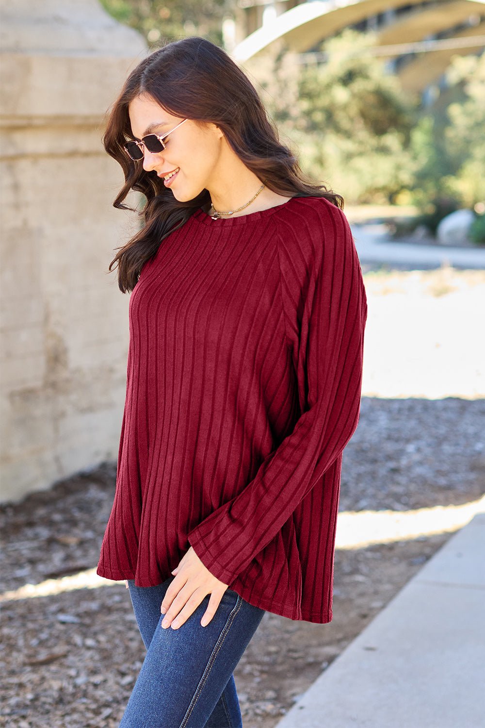 Basic Bae Full Size Ribbed Round Neck Long Sleeve Knit Top - Bella Blue Styles