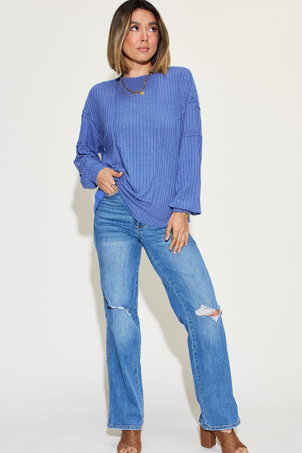 Basic Bae Full Size Ribbed Round Neck Long Sleeve T-Shirt - Bella Blue Styles