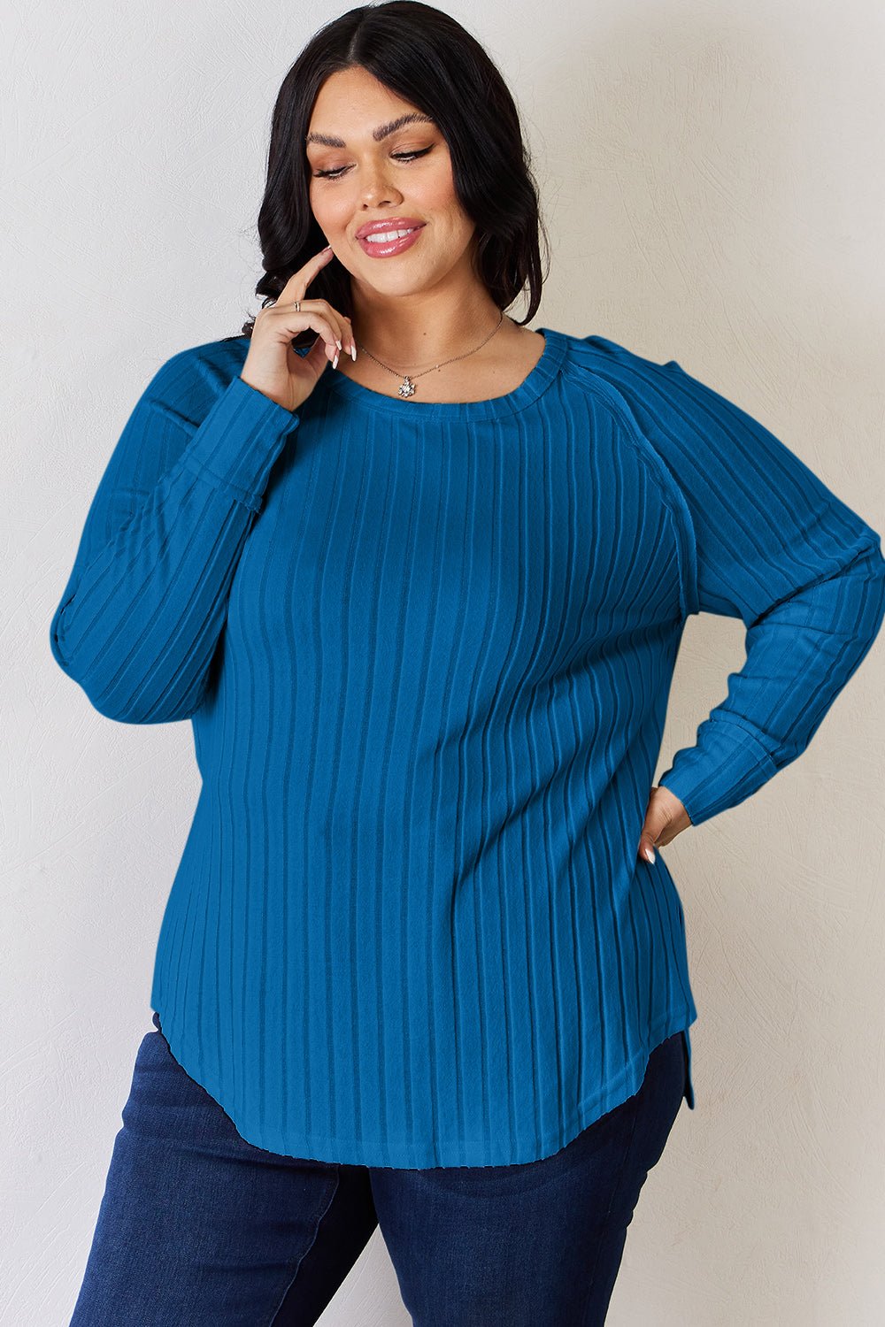 Basic Bae Full Size Ribbed Round Neck Slit T-Shirt - Bella Blue Styles