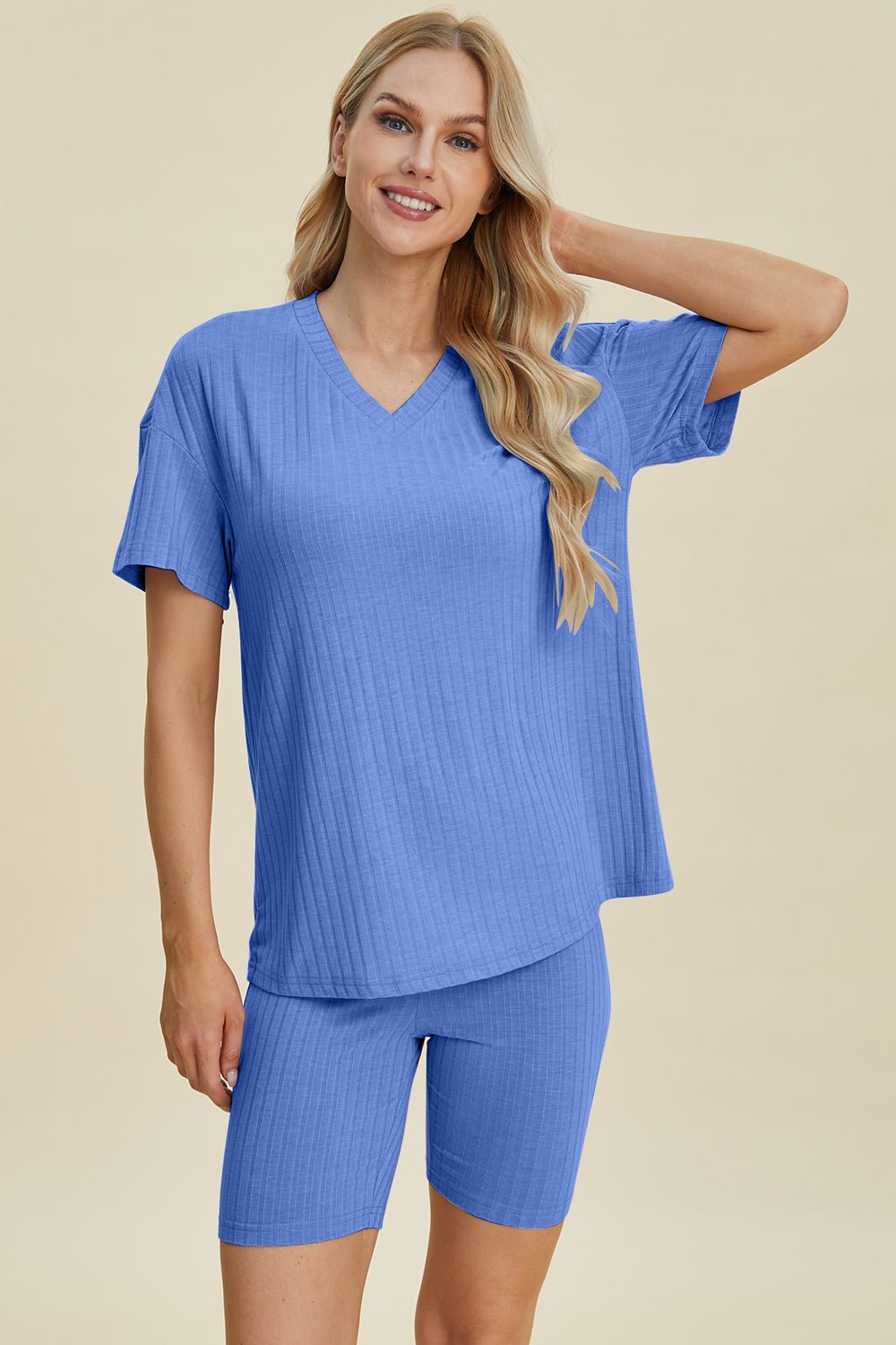 Basic Bae Full Size Ribbed V - Neck Short Sleeve Top and Shorts Set - Bella Blue Styles